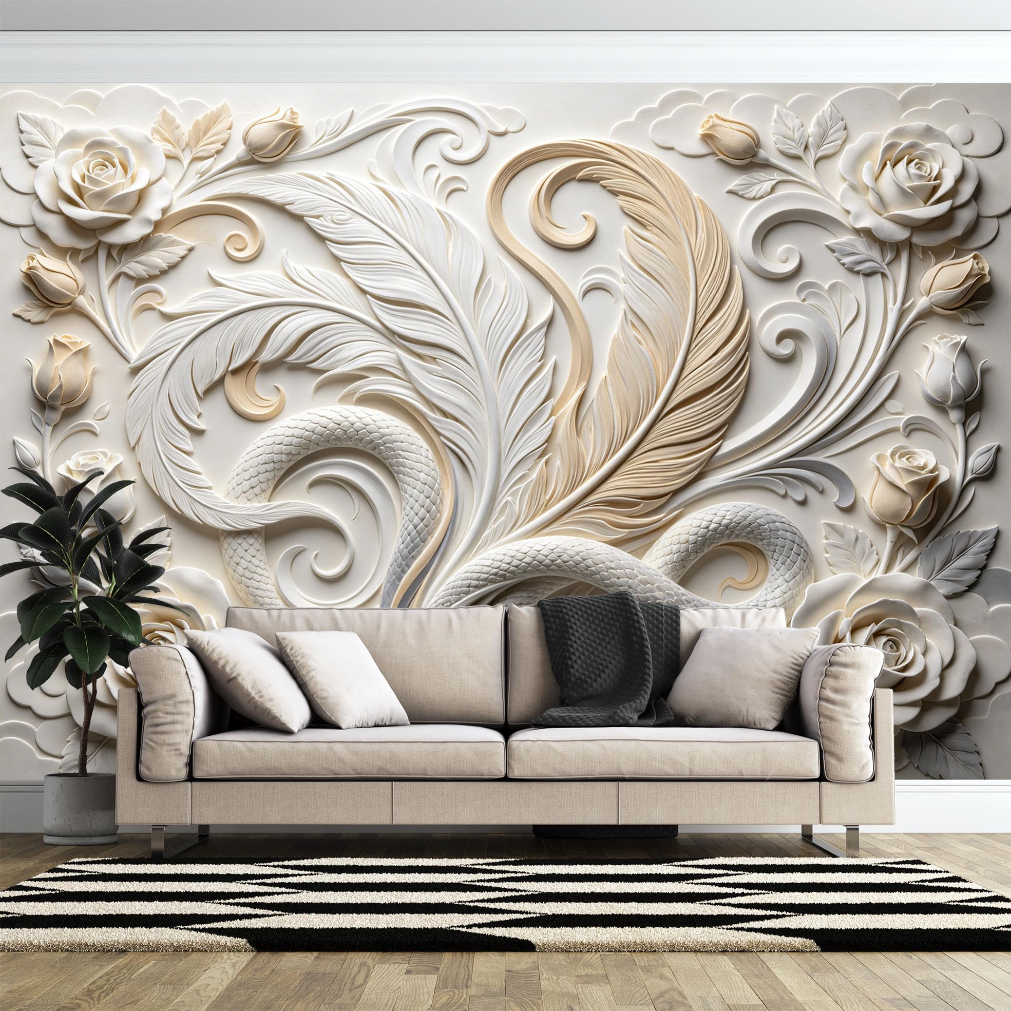 Carta Da Parati Fotografica con Serpente Intrecciato E Grandi Piume Effetto Rilievo Floreale In Gesso Murale Da Parete 210×150 cm (Lxa) Decorazione Fai Da Te per La Casa Rivestimento Murale per Div