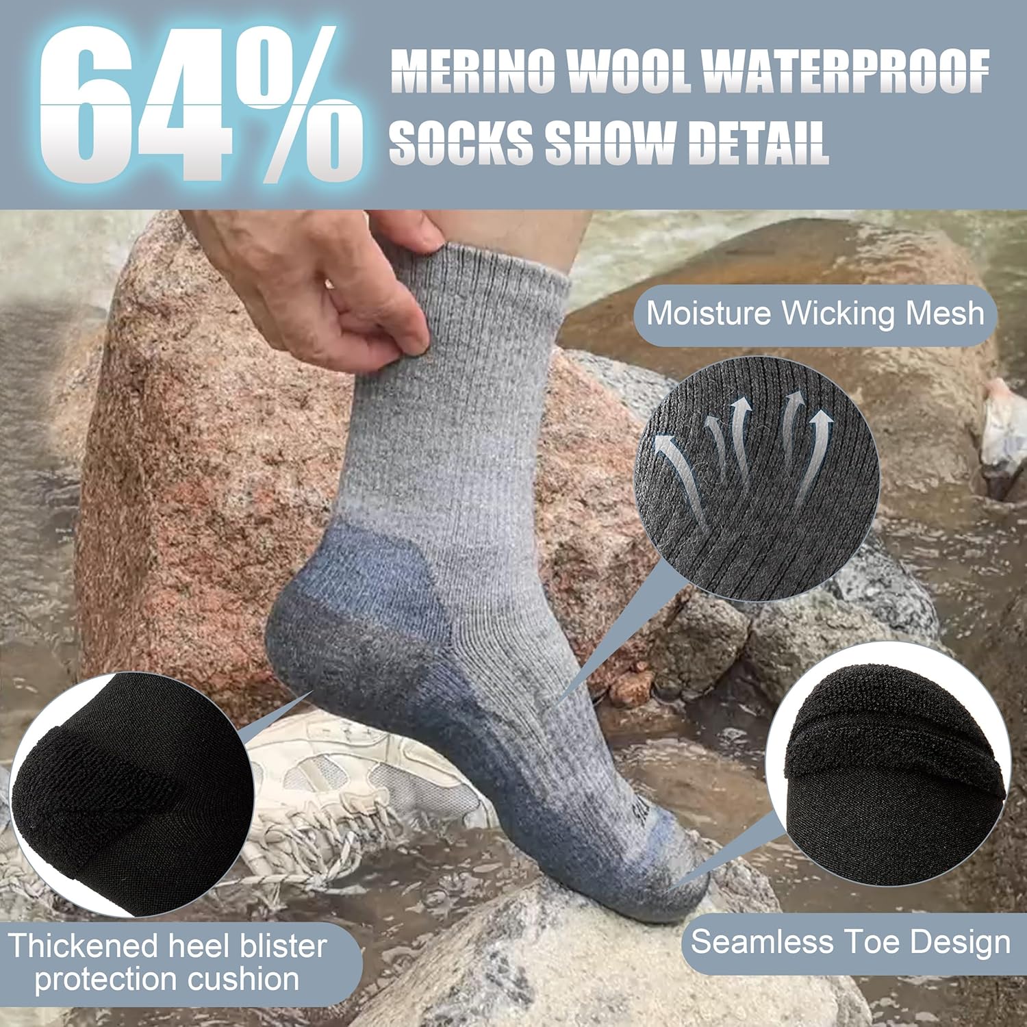 Merino Wool Waterproof Socks, 1 Pair Waterproof Hiking Socks for Hiking, Running -Breathable & Warm for All Seasons - Image 4