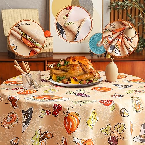 Miniatura 4 de Mantel redondo de Acción de Gracias  Mantel decorativo de calabaza y pavo, resistente al agua y lavable para fiestas, cocina, comedor en interiores,