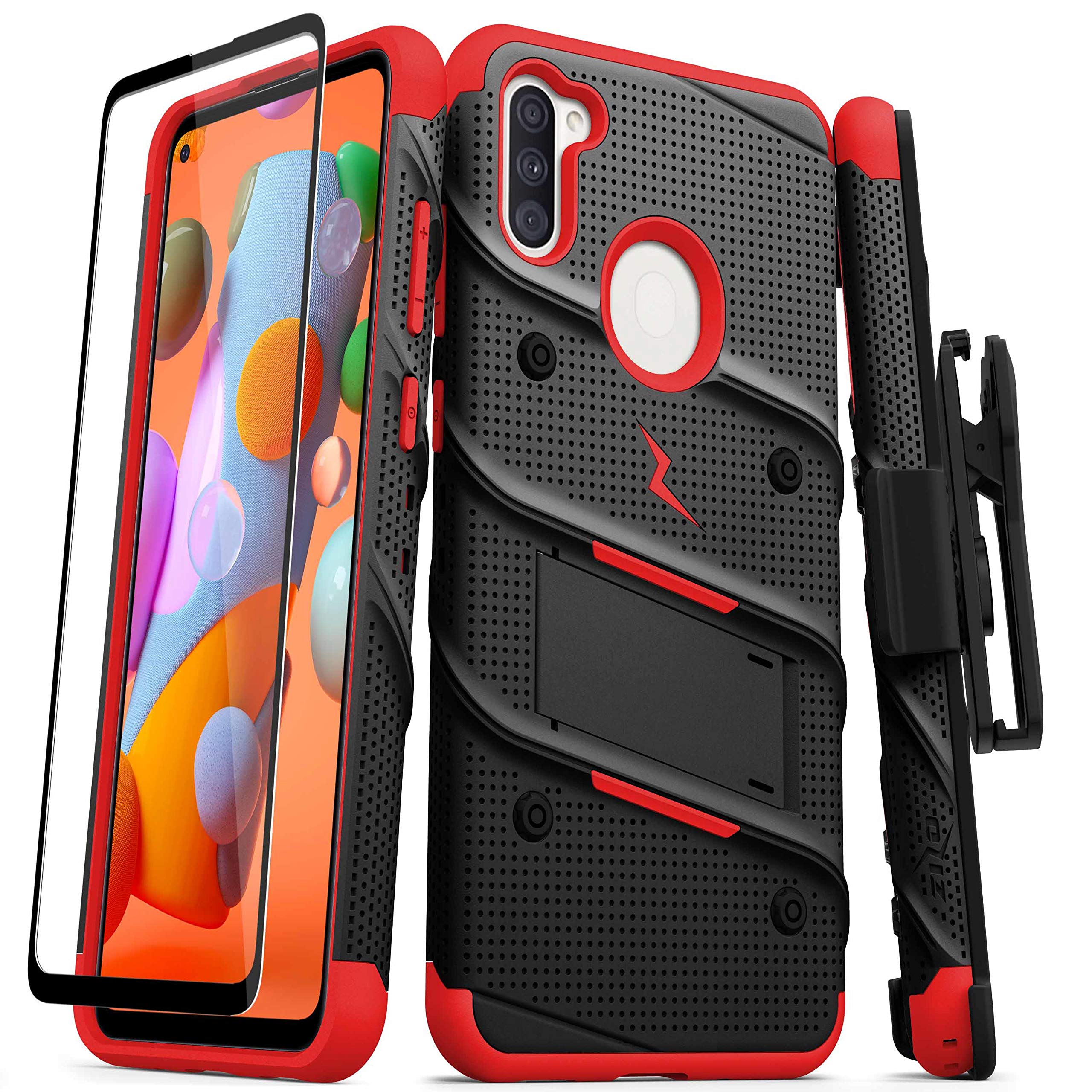 ZizoBolt Series Samsung Galaxy A11 Case with Screen Protector Kickstand Holster Lanyard - Black & Red