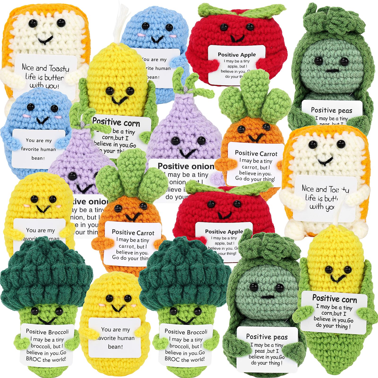 18 Pcs Positive Fruit Sunflower Emotional Crochet Dolls Bulk Support Encouragement Emotional Knitted Crochet Gifts with Positive Words for Friends Coworker Decorations Home Office (Vegetable)