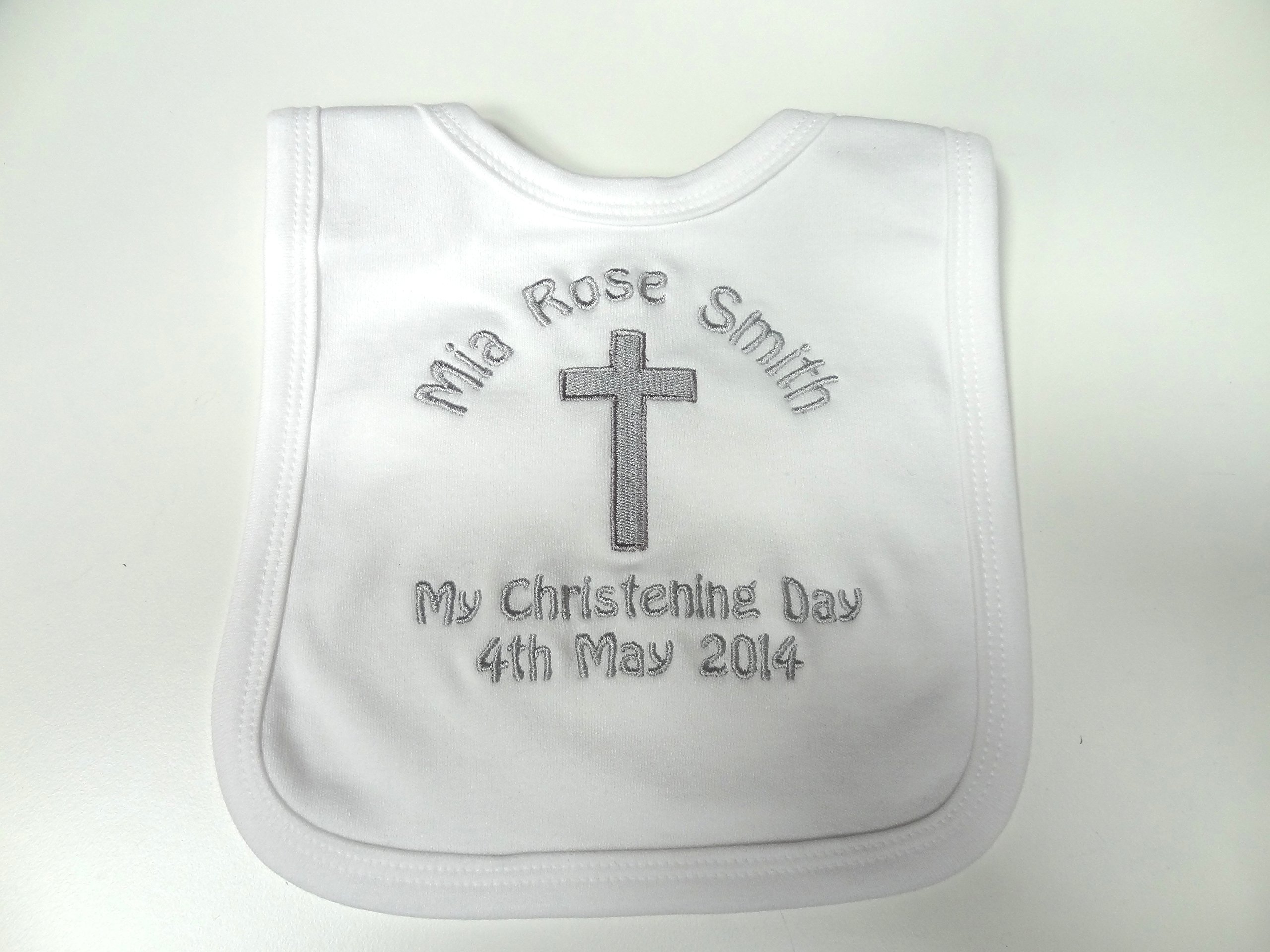 PERSONALISED BABY CHRISTENING BIB - KEEPSAKE - BEAUTIFULLY EMBROIDERED