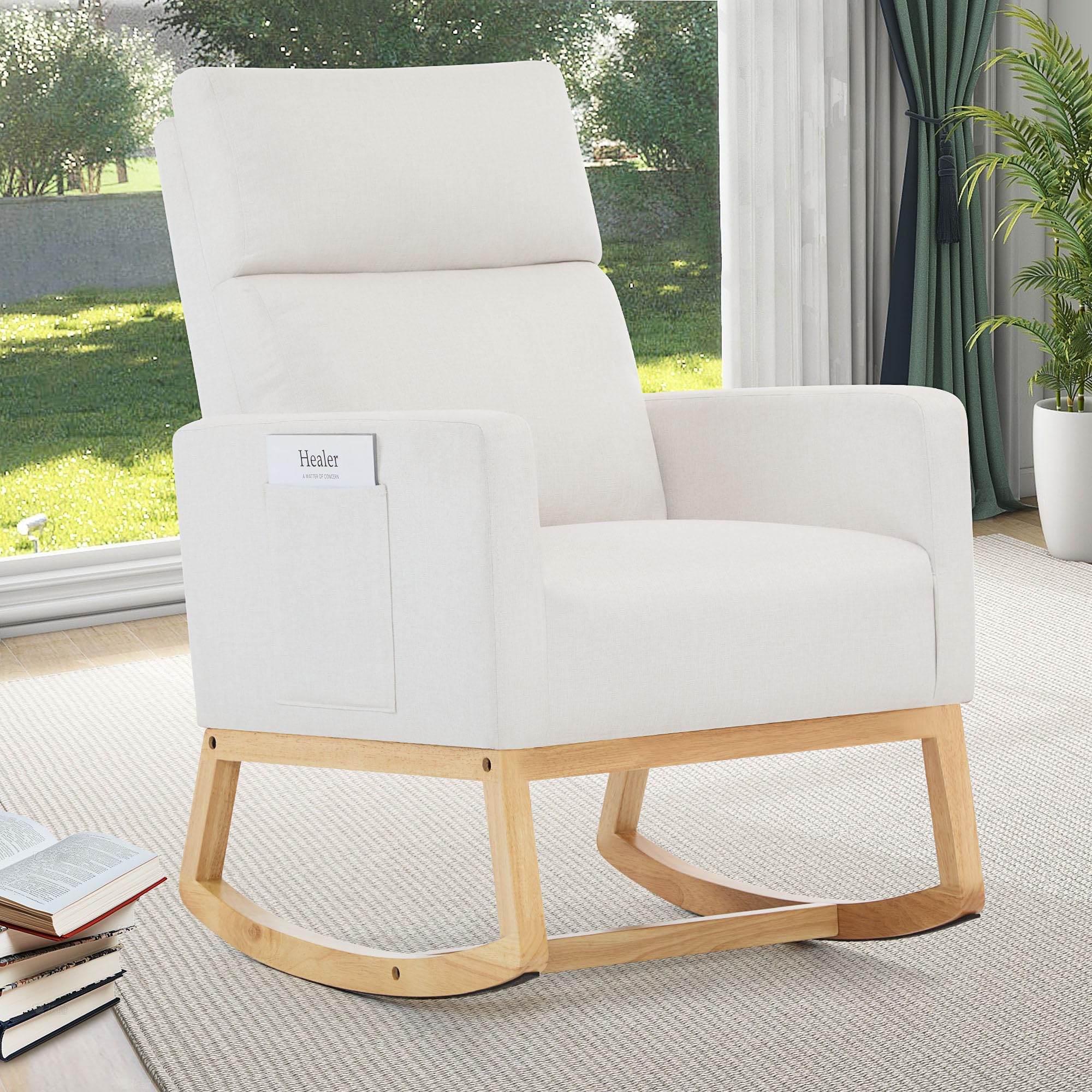 XH. Easy Go Schaukelstuhl fürs Kinderzimmer Schaukelsessel Stillsessel mit Hoher Rückenlehne, Stillstuhl Leinen Schaukelstühle Rocking Chair für Wohnzimmer und Schlafzimmer,Bis 150 kg, Elfenbein