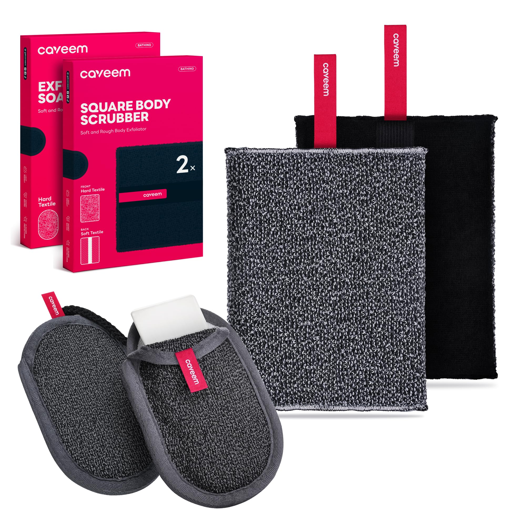 Caveem's Exfoliating Body Scrubber (2 Pack) & Roughness Soap Bag (2 Pack) – Deep and Gentle Cleansing for Smooth Skin