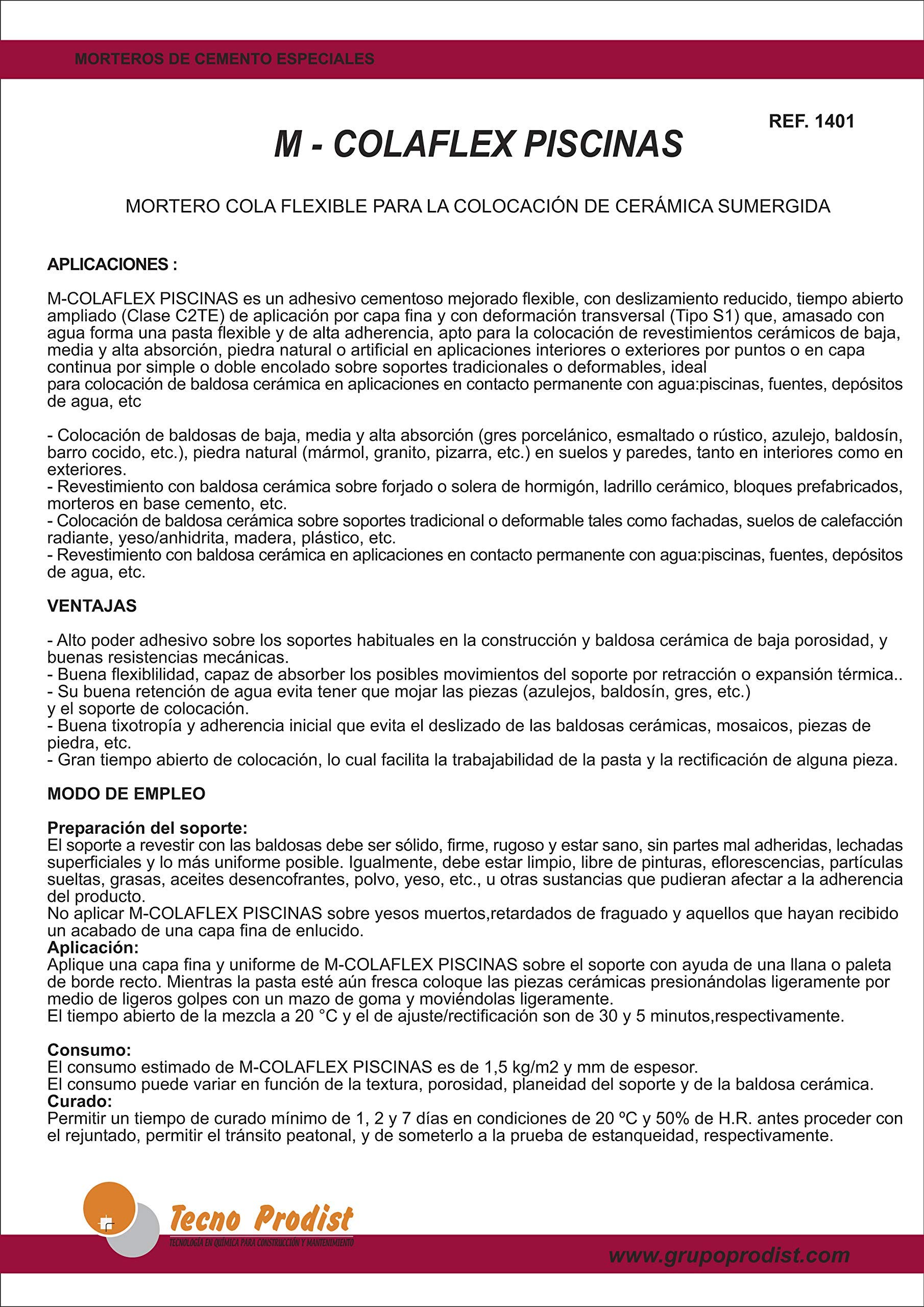 M-COLAFLEX PISCINES de Tecno Prodist - (5 kg) Colle cimentaire flexible et améliorée idéale pour la pose de carreaux en contact permanent avec l'eau tels que piscines, réservoirs d'eau, etc.(Blanc)