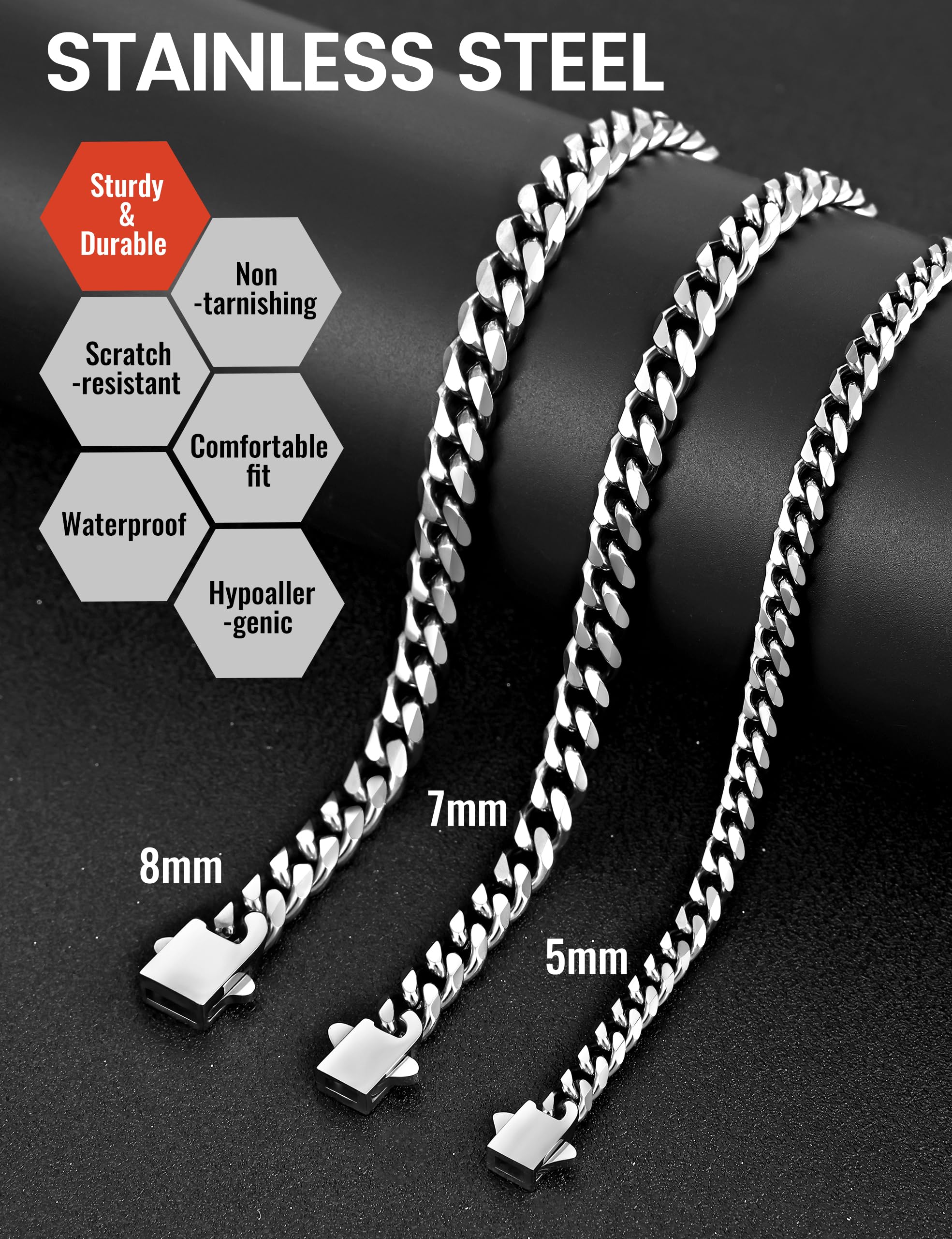 Fiusem Pulsera de eslabones cubanos de 5 mm en tono plateado para hombre