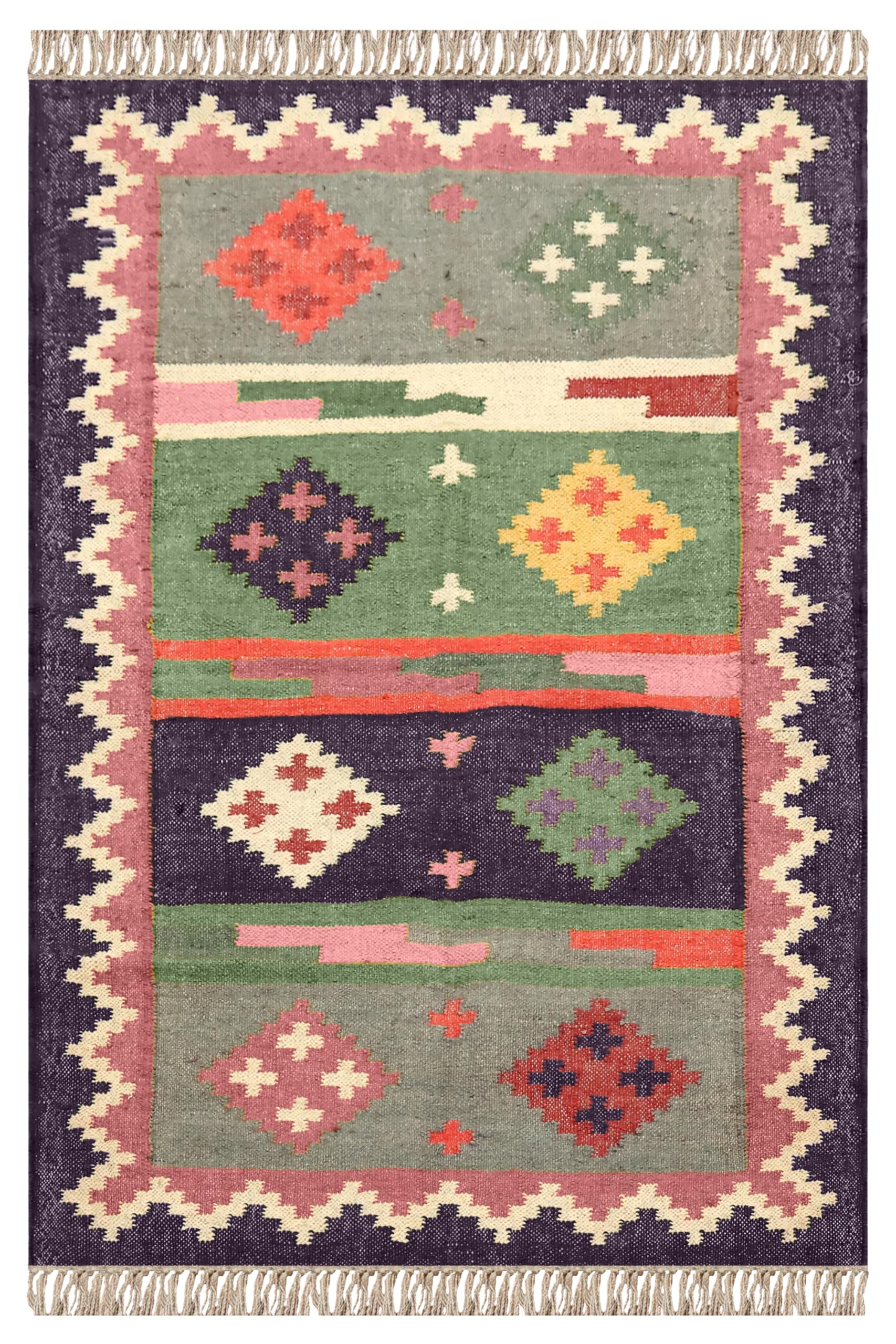 Tapis Kilim en laine et jute violet géométrique tissé main pour salon 120x170