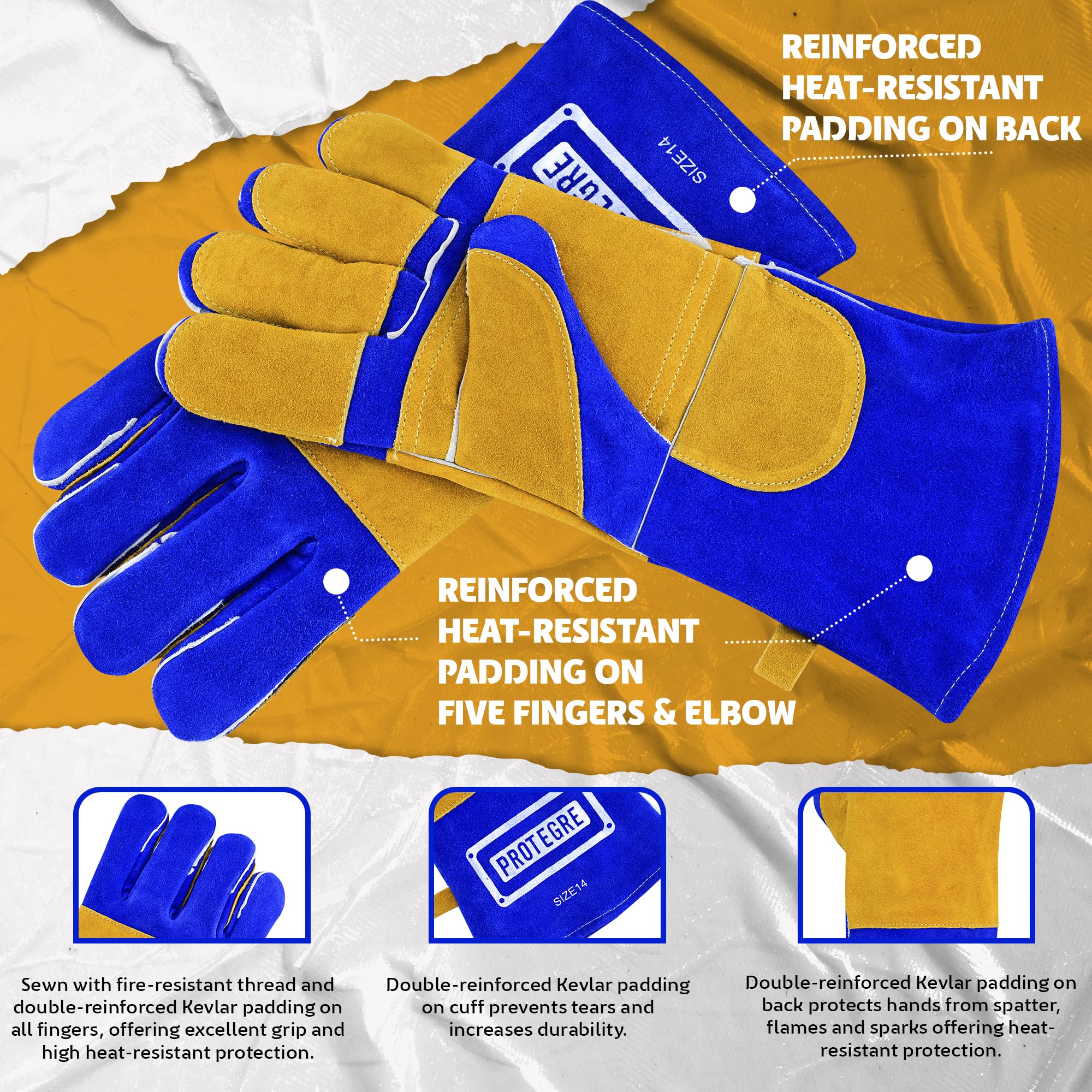 Guantes de soldadura de 16 pulgadas, cuero vacuno resistente al calor y al fuego, costuras de Kevlar, protección de 500.0 °C para MIG, palo, forja, chimenea, barbacoa, estufa de leña