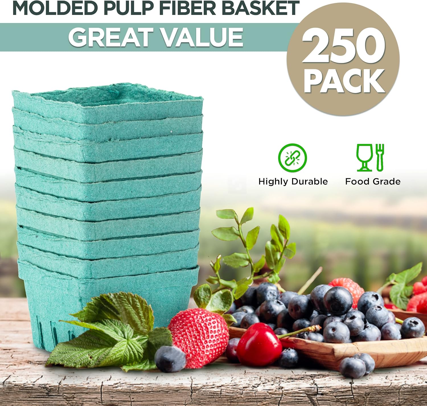 FMP Brands [250 Pack] Pint Green Molded Pulp Fiber Berry Basket Produce Vented Container for Fruit and Vegetable, Farmer Market, Grocery Stores and Backyard Party