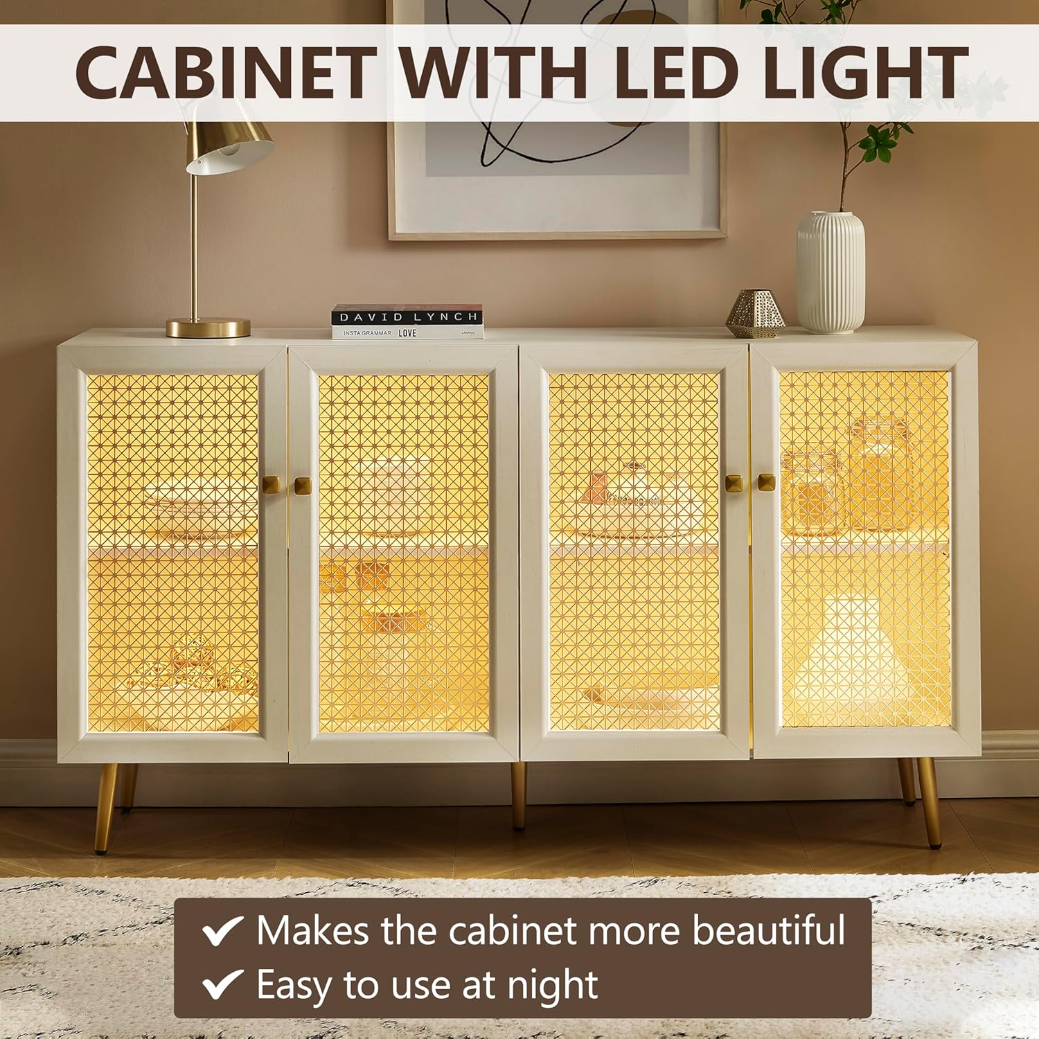 63" Large Buffet Sideboard with LED Light, Storage Accent Cabinet with 4 Doors, Wood Console Cabinet for Living Room, White