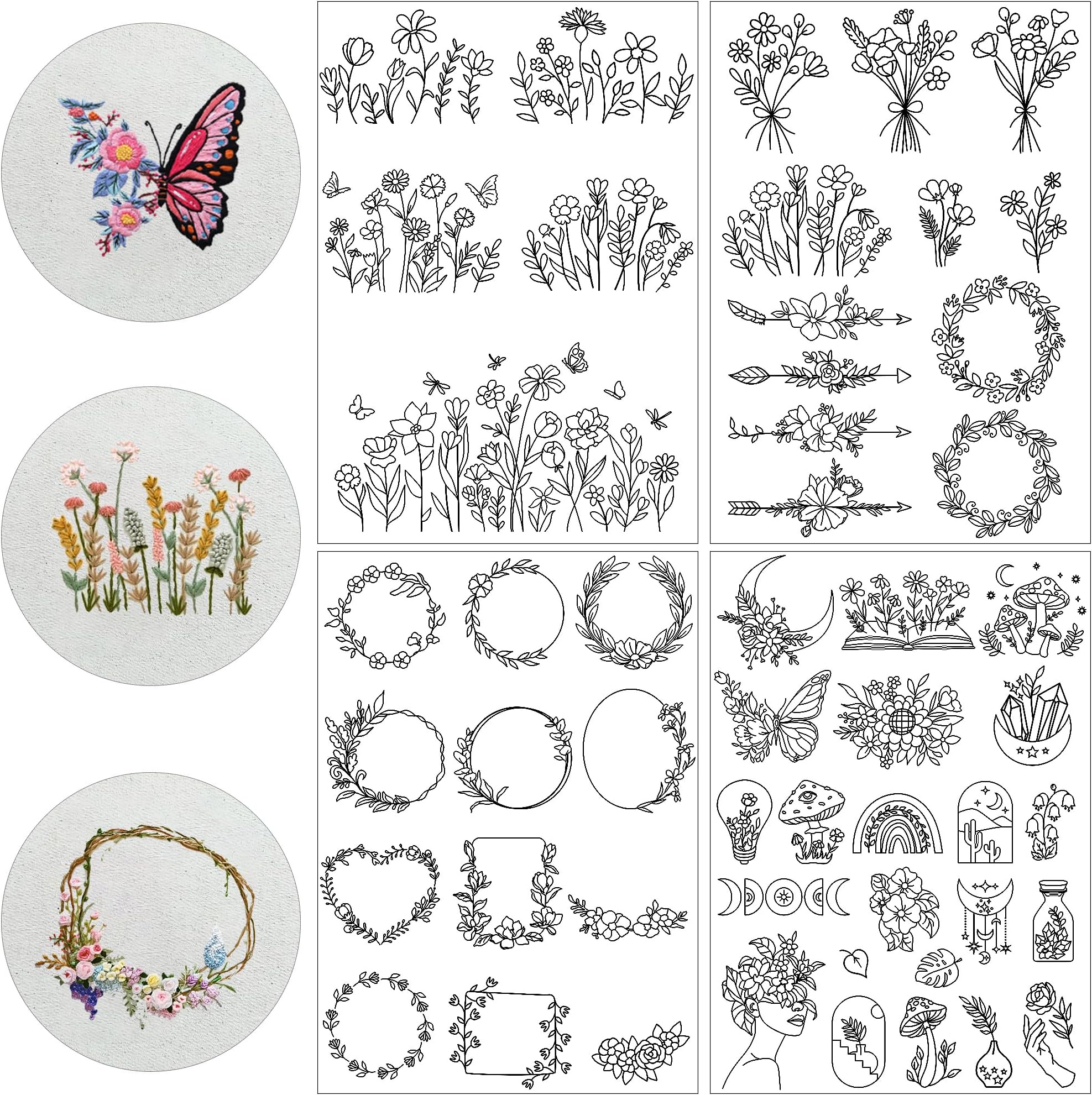 Stick & Stitch Embroidery Transfer Paper - Embroidery Paper Wash Away, 4 Sheet Water Soluble Stabilizer for Embroidery, Flower Frame Butterfly Mushroom Moon Arrow Flower, Hand Sewing Crafts