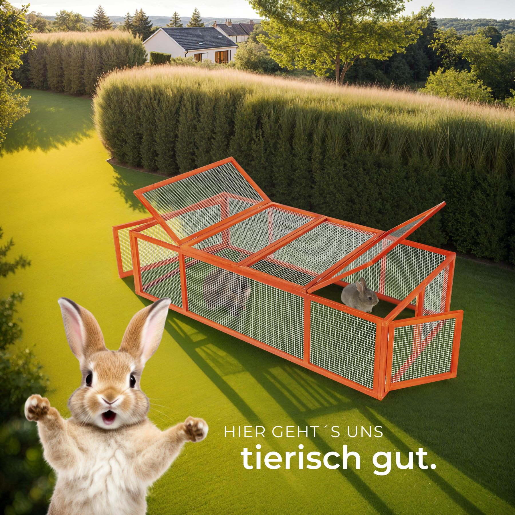 tectake® Gehege, Kleintierkäfig, Nagerkäfig, Freigehege aus Holz mit Metallgitter, Hamster oder Hasen Zubehör, Kaninchenstall mit 4 Türen, Meerschweinchen Gehege 181 x 90 x 48 cm - braun/braun
