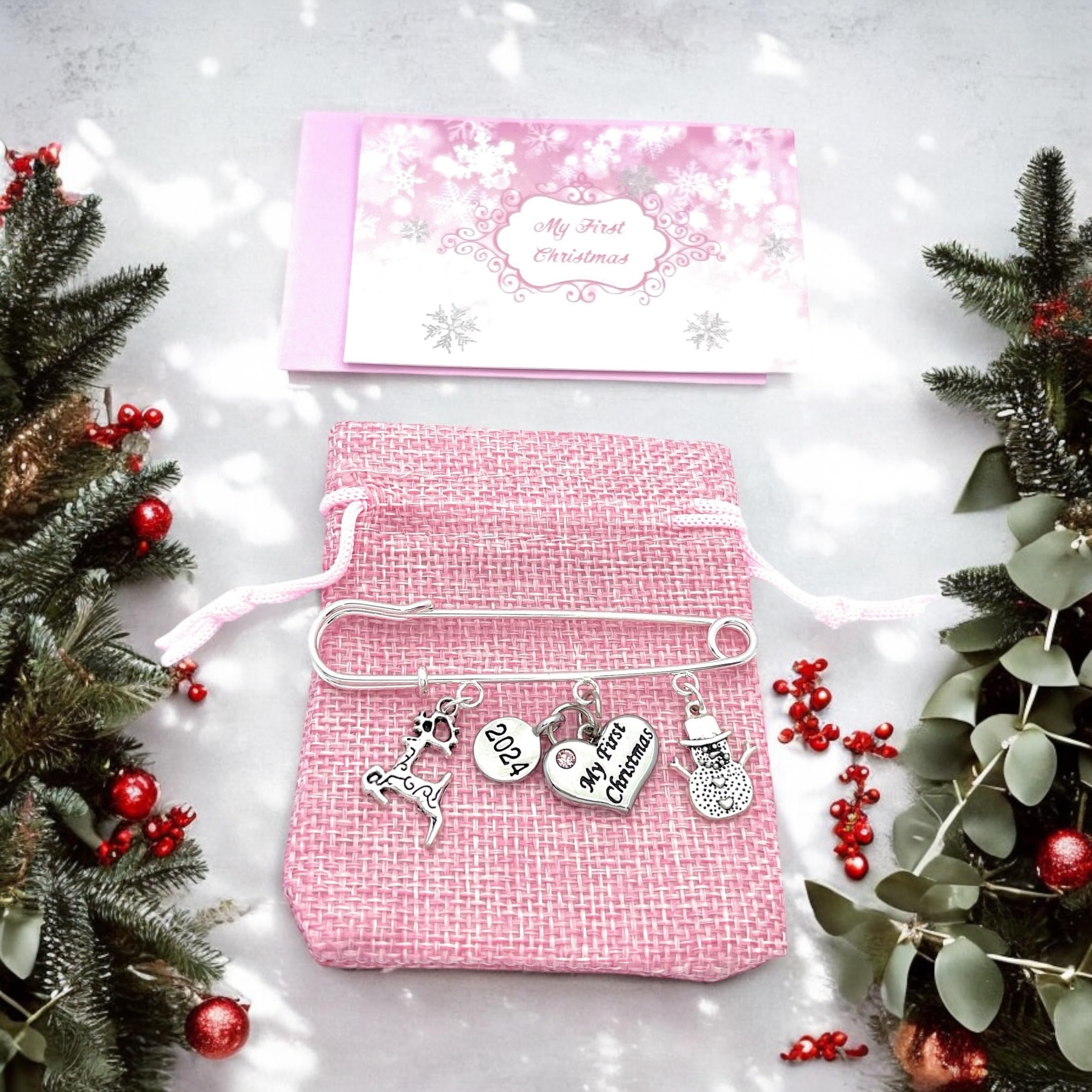 Baby Girl My First Christmas 2025 Baby Keepsake Charms with Pink Gift Bag and Gift Card - Reindeer and Snowman - Image 3