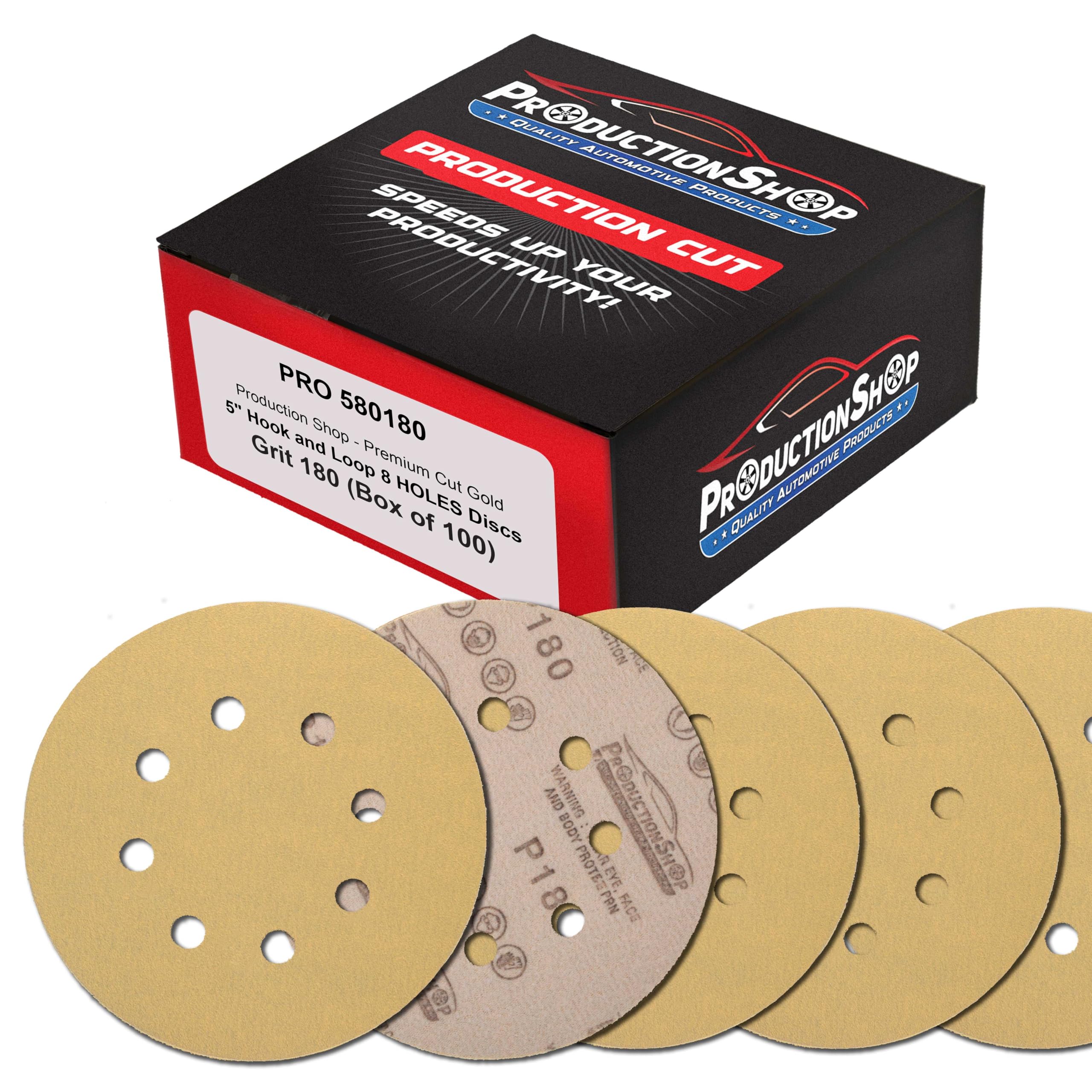 ProductionShop Premium 180 Grit 5" Gold Sanding Discs, 8-Hole Pattern, Box of 100 - Dustless Hook & Loop Backing Sandpaper for DA & Random Orbital