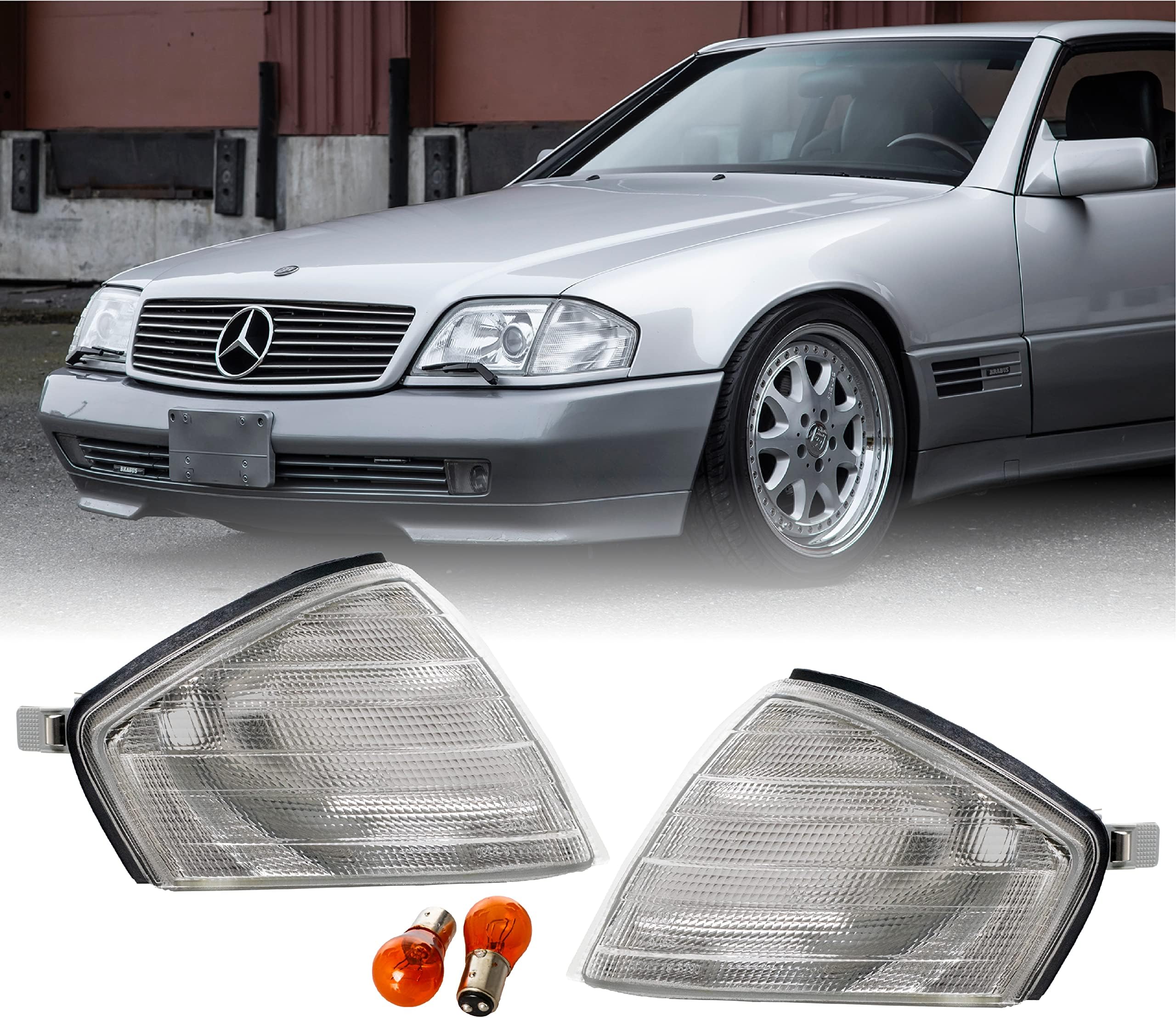 USR MBZ R129 Corner Lights - Euro OE Style Frost Lens All Clear Front Turn Signal Lamps Set (Left + Right) Compatible with 1990-2002 Mercedes Benz R129 Chassis SL Class Roadster