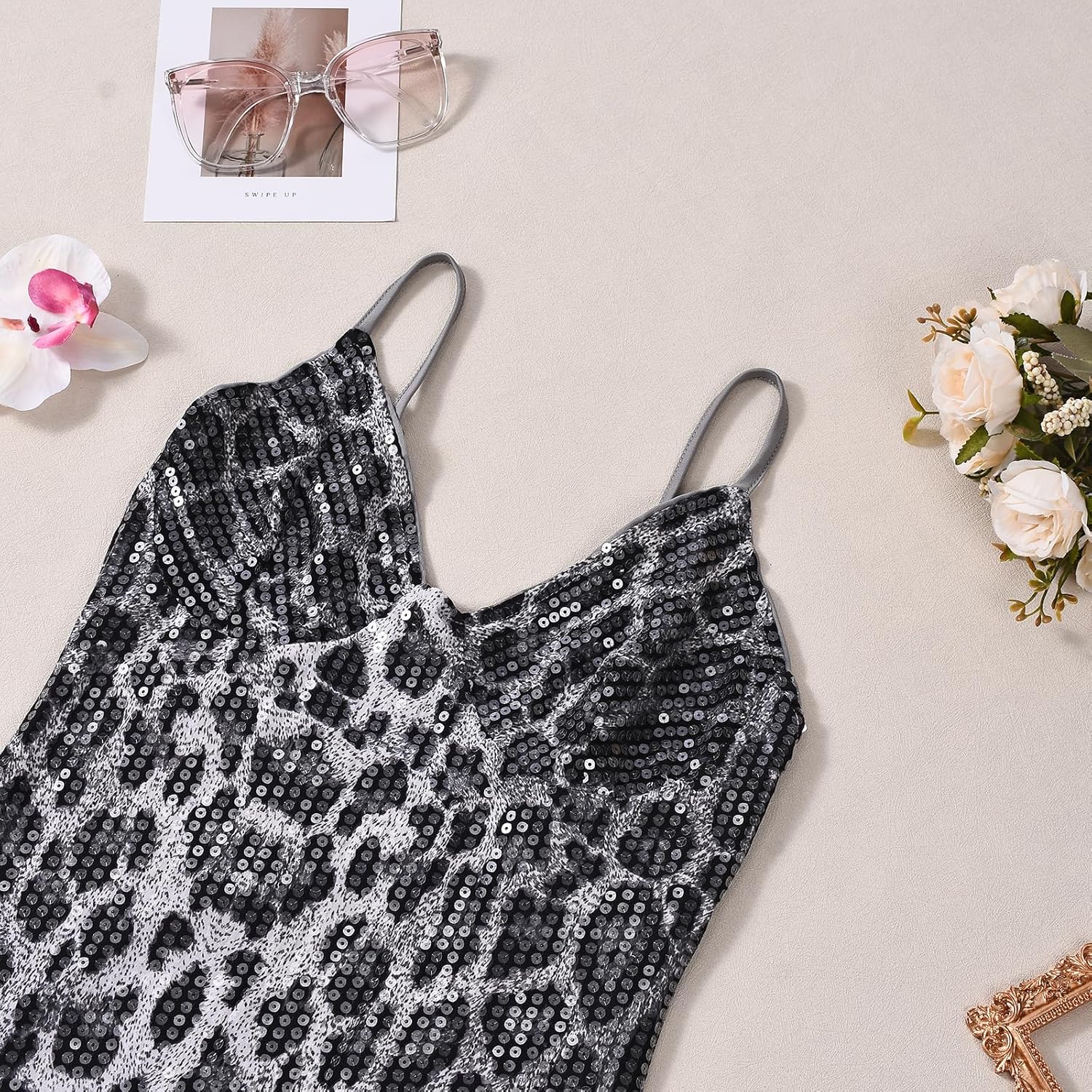 Women Sexy Sequin Spaghetti Strap V Neck Bodycon Dress Sparkly Formal Wedding Cocktail Dress - Image 5