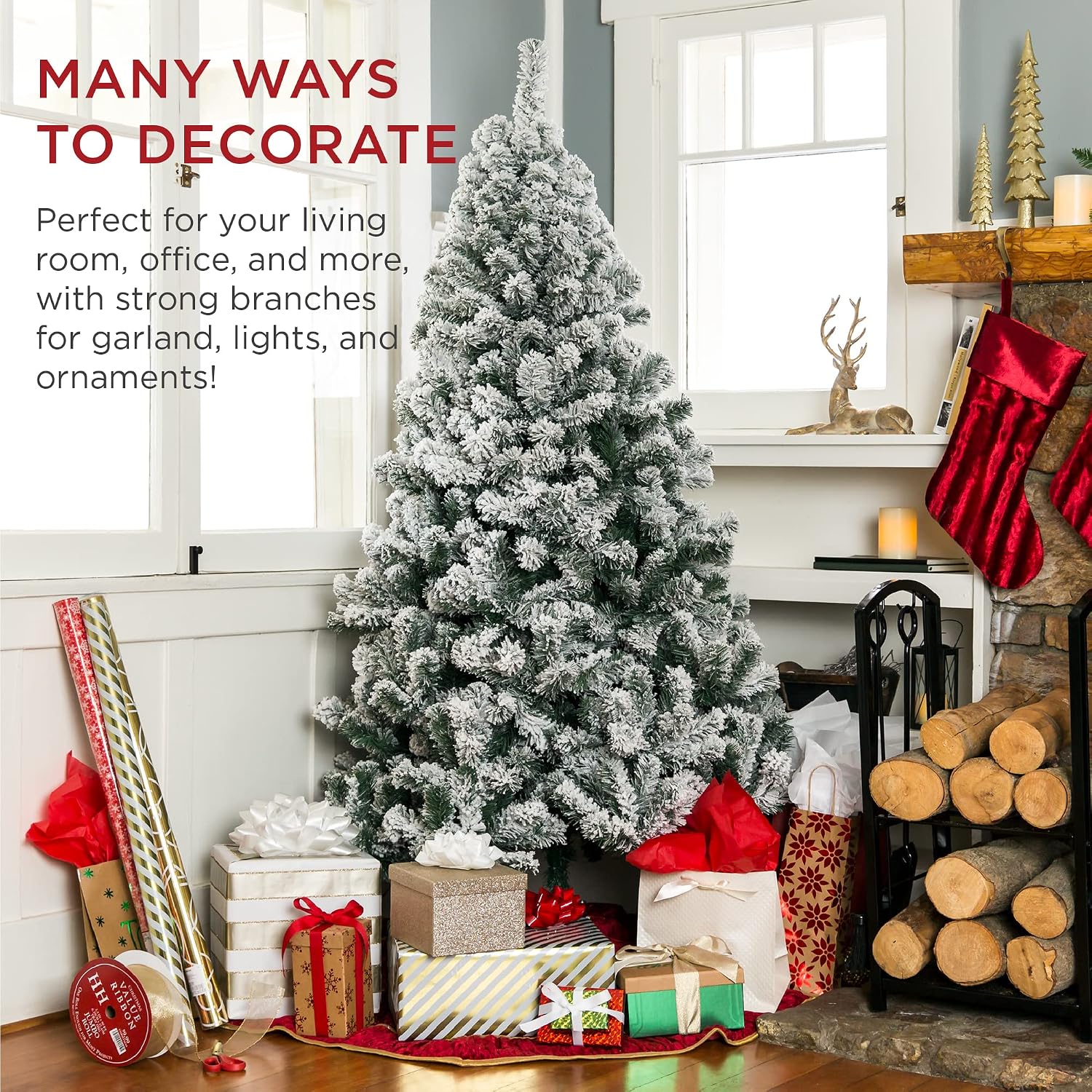 Best Choice Products 4.5ft Pre-Lit Snow Flocked Artificial Holiday Christmas Pine Tree for Home, Office, Party Decoration w/ 200 Warm White Lights, Metal Hinges & Base