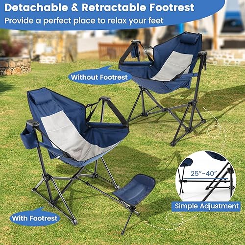Miniatura 3 de DORTALA Sillas hamacas oscilantes para campamento, silla de campamento mecedora con reposapiés retráctil, silla de camping plegable para adultos,
