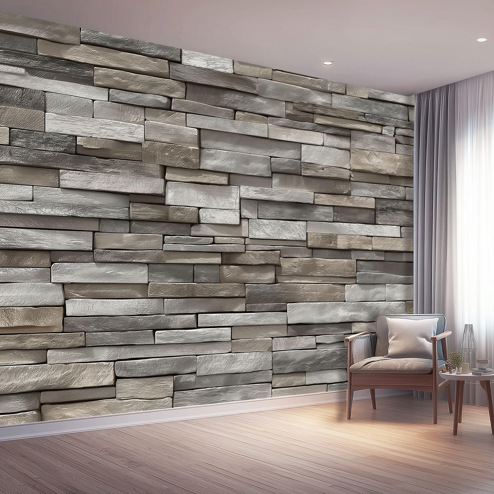 Non-Woven Wallpaper Mural,Realistic Stacked Stone Wall Grey Wall Covering,Feature Wall Decor to Refresh Tired Living Spaces 200 x 140(WxH)