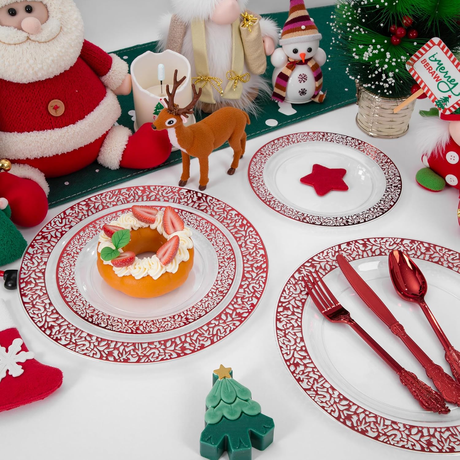 LUODA MirthMood 30 Guests Red Plastic Plates with Disposable Silverware, Clear Red Party & Wedding Dinnerware Include 30 Dinner Plates, 30 Dessert Plates, 30 Silver Cutlery for Weddings & Party.