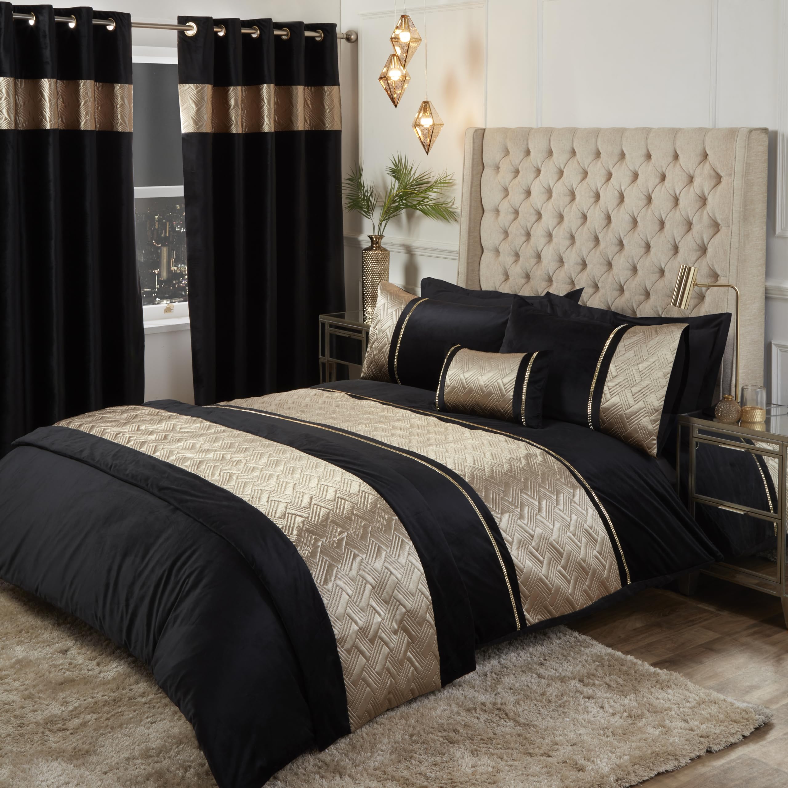 Rapport Capri Quilted Bed Runner Throw Over Spread Black Gold 60x240cm Velvet Luxury