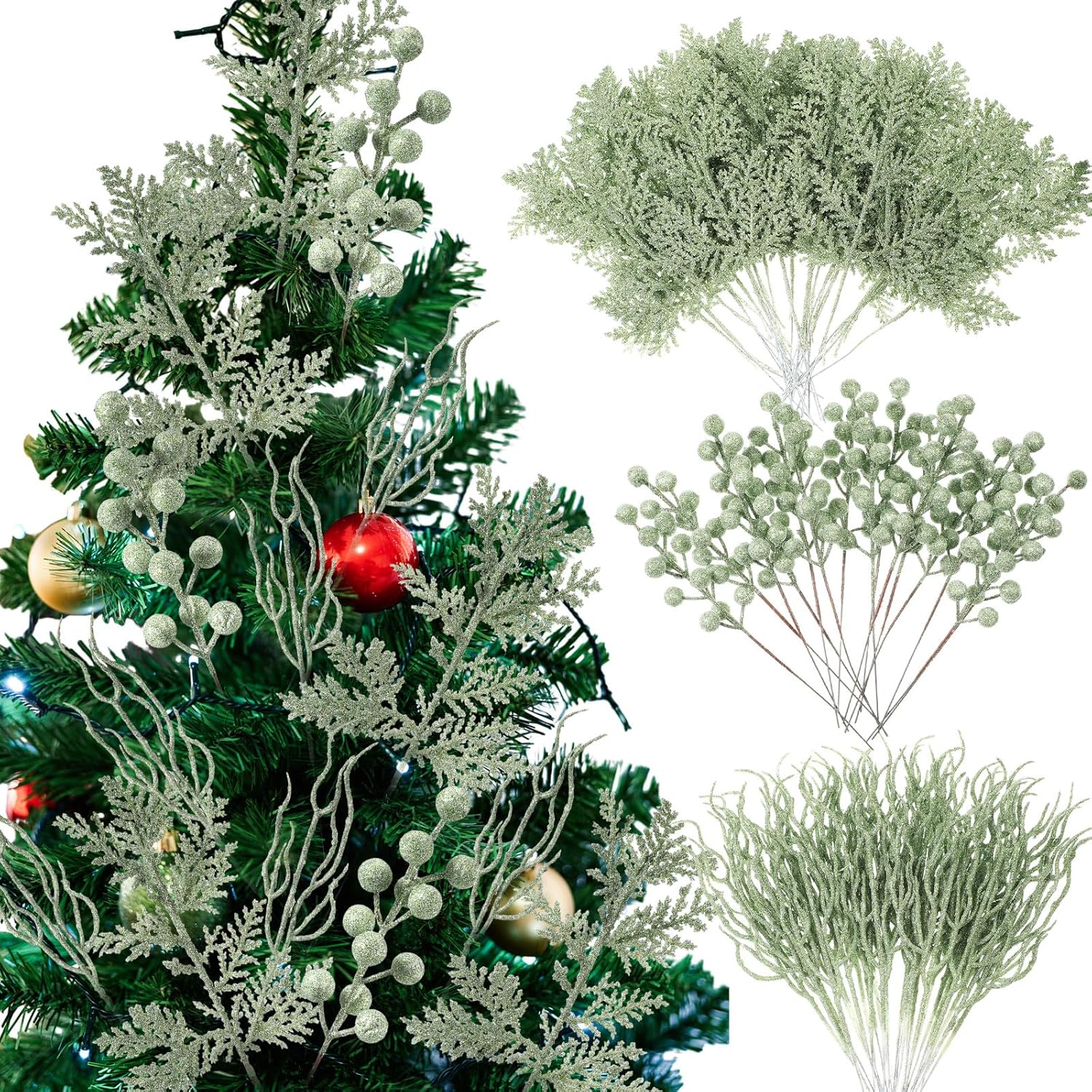 75 Pcs Christmas Glitter Branches 3 Styles Artificial Christmas Picks Berries Stems Pine Needles Floral Twig Spray for Xmas Tree Ornaments DIY Wreath Garland(Light Green)