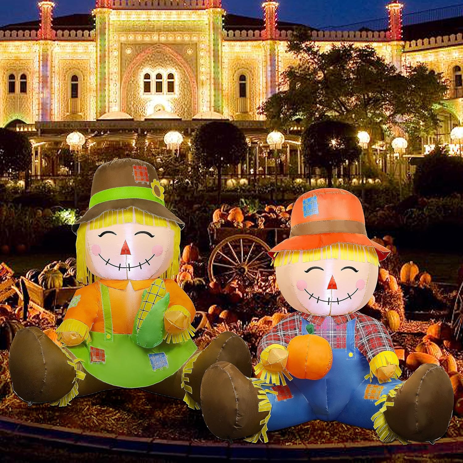 Lulu Home 3.3FT Fall Inflatable Decoration, Set of 2 Air Blown Scarecrow Couples with Built-in LED Lights for Harvest Indoor Outdoor Front Door Yard Lawn Garden Thanksgiving Decor
