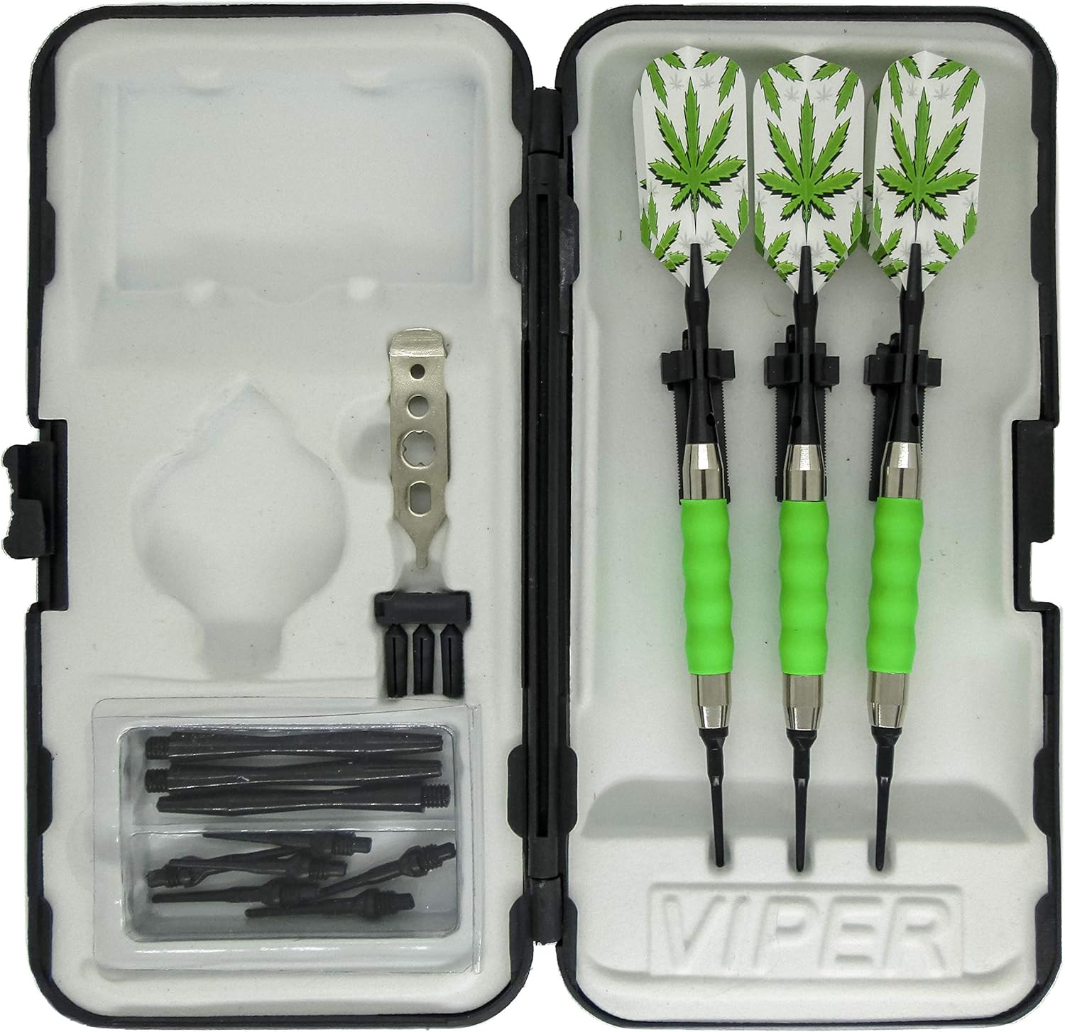 sure grip Viper Green Soft Tip Darts with Dart Case & Accessories Choice of Flights 16 or 18 Grams (Pot Leaves Slim, 18g)