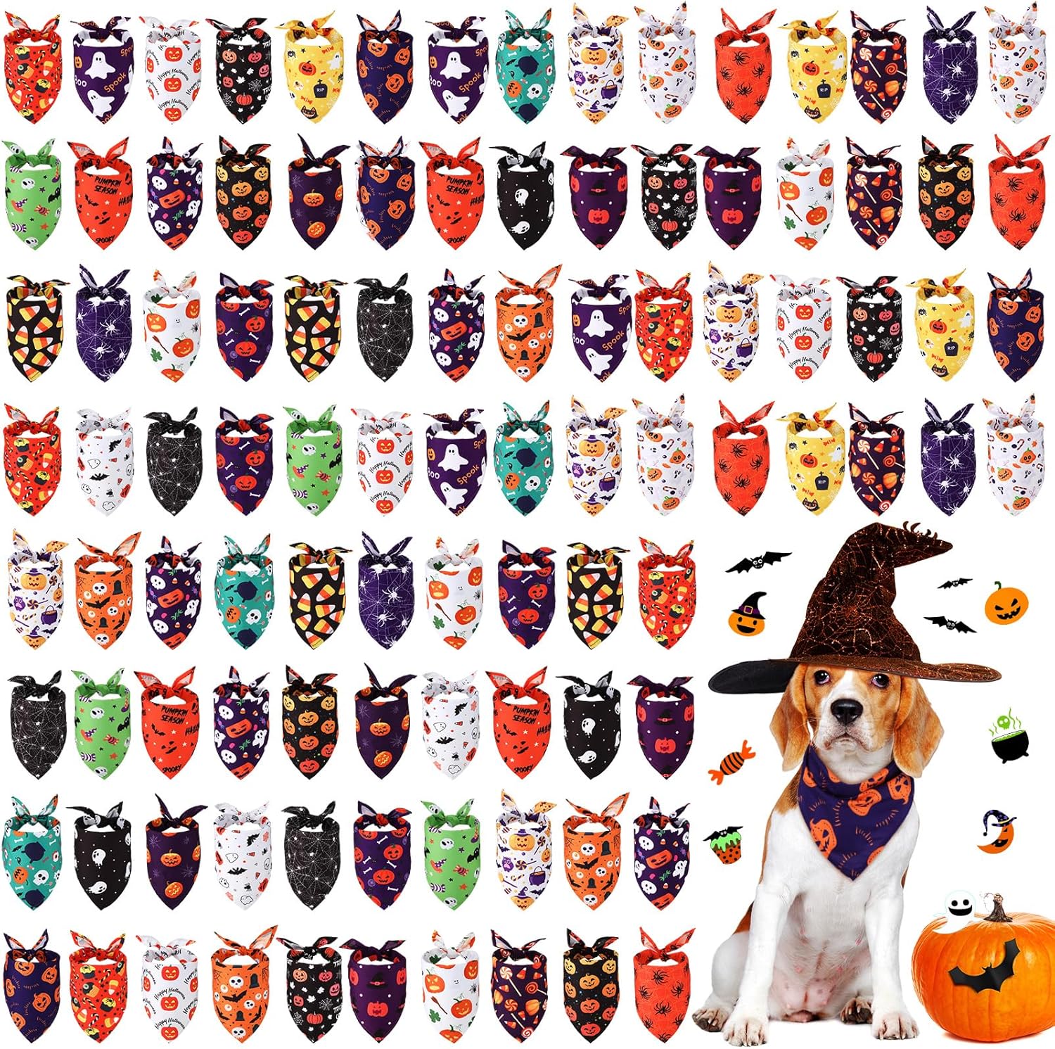 Sanwuta 100 Pcs Halloween Dog Bandanas Bulk Pumpkin Bat Spider Skull Pattern Dog Bandanas for Dogs Triangle Bibs Scarf for Small Medium Large Pet Christmas Costume Accessories(Large)