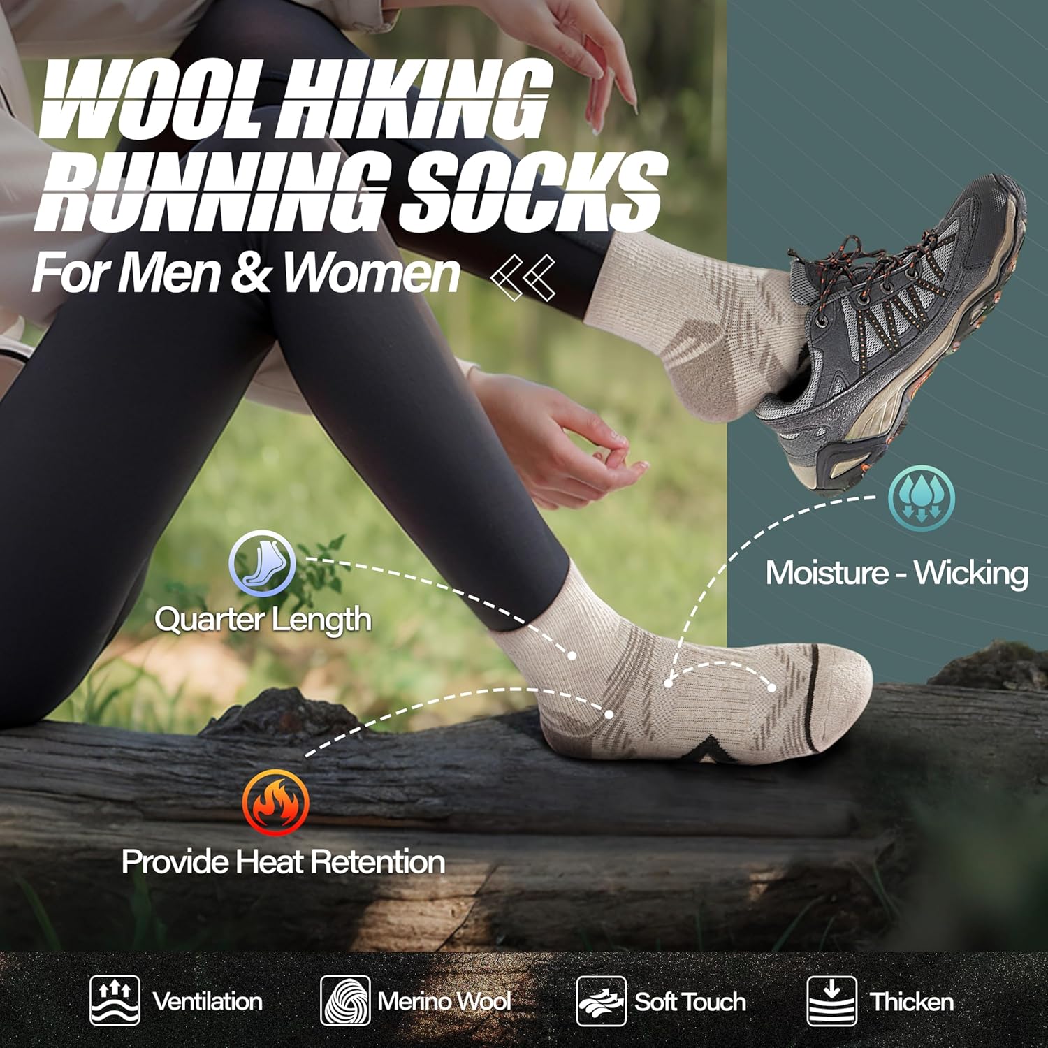 ANTSANG 6 Pairs Merino Wool Quarter Ankle Hiking Running Socks Compression Thermal Thick Cushion Socks for Women Men - Image 2