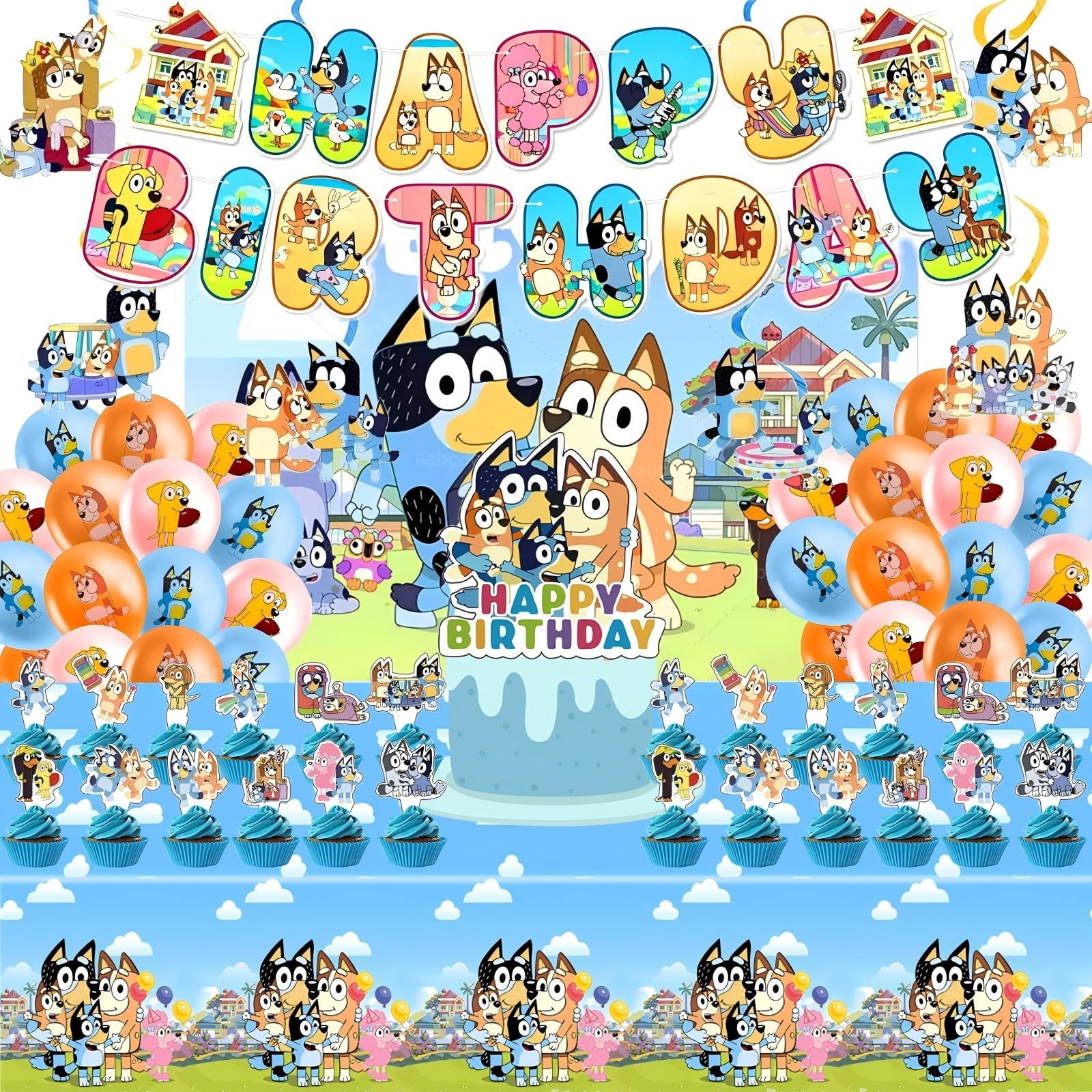 For Bluey Party Supplies, 50 PCS Birthday Decorations Set Include Banner, Balloons,, Hanging Swirls, Cake Cupcake Toppers, Tablecloth for Boys Girls Hunters Theme Party
