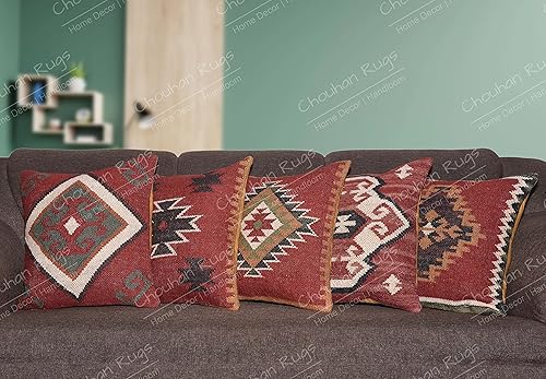 Juego de 5 fundas de almohada de yute hechas a mano indias de 17.7 x 17.7 in, fundas de almohada cuadradas étnicas, fundas de almohada decorativas