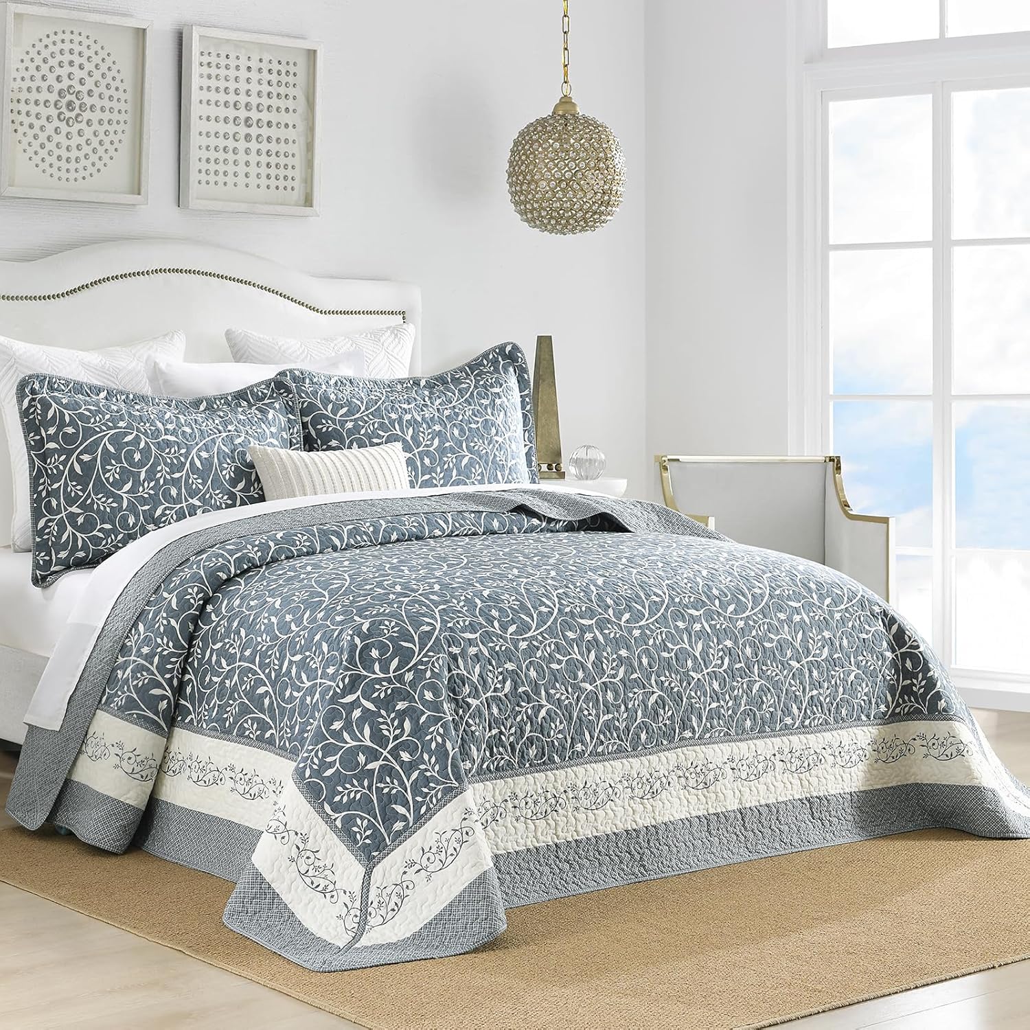 100% Cotton Oversized Quilt 120"x120", Extra Large King Bedspread, Farmhouse Botanical Bed Spreads Coverlet, Lightweight Quilted Bedding Cover, 3 Piece, Grayish Blue/White