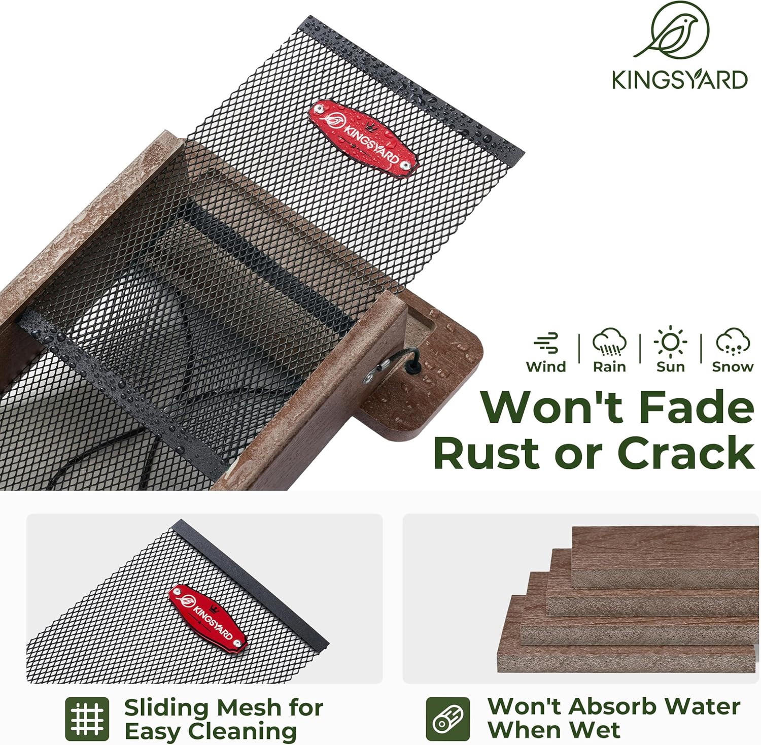Kingsyard Finch Feeder for Outside Hanging, Metal Mesh Bird Feeders for Thistle/Nyjer Seed, Sliding Mesh & Built-in Perch, Recycled Plastic, Brown