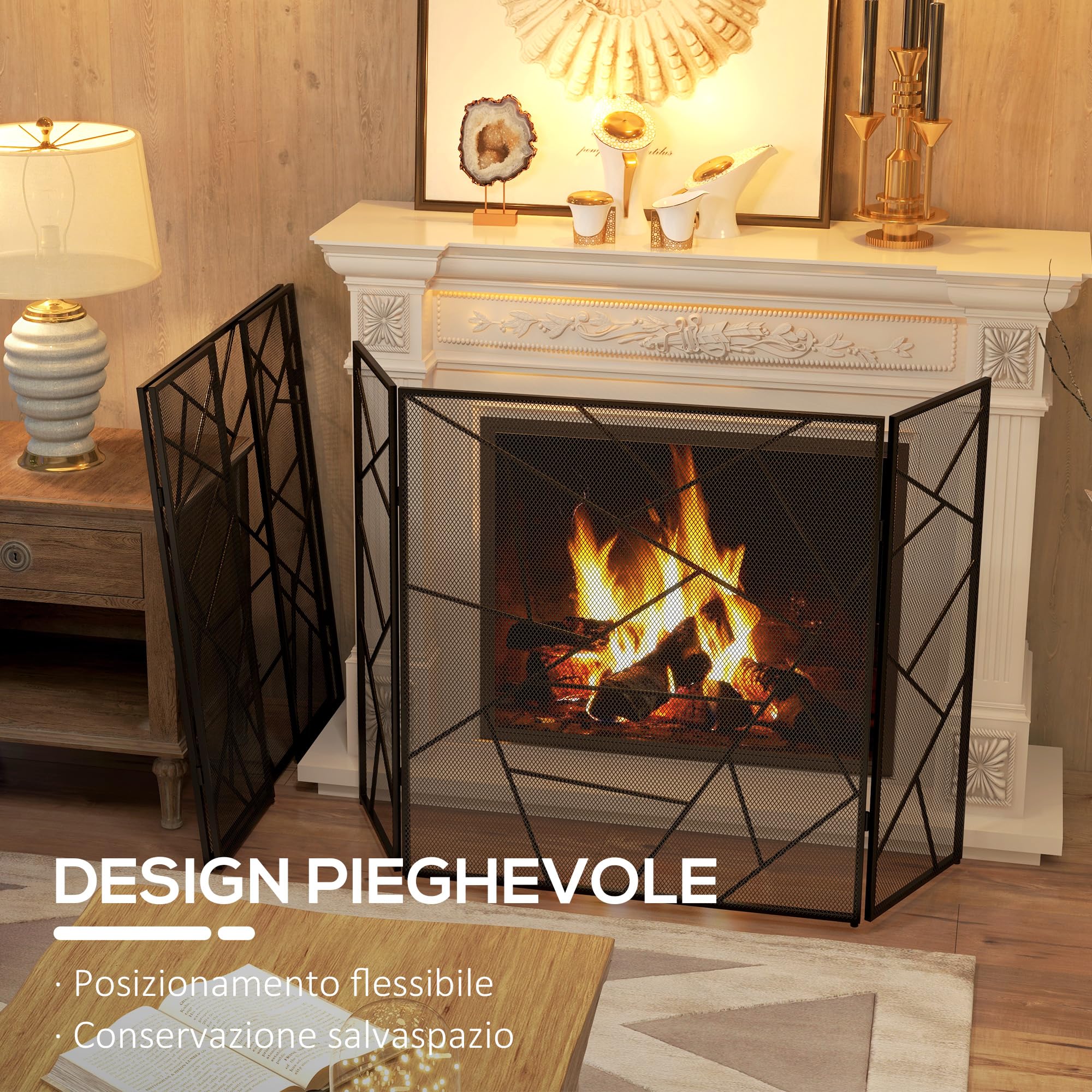 HOMCOM Griglia Parascintille per Camino Pieghevole a 3 Pannelli, Schermo per Caminetto in Acciaio con Design Geometrico, 135x1.2x85cm, Nero