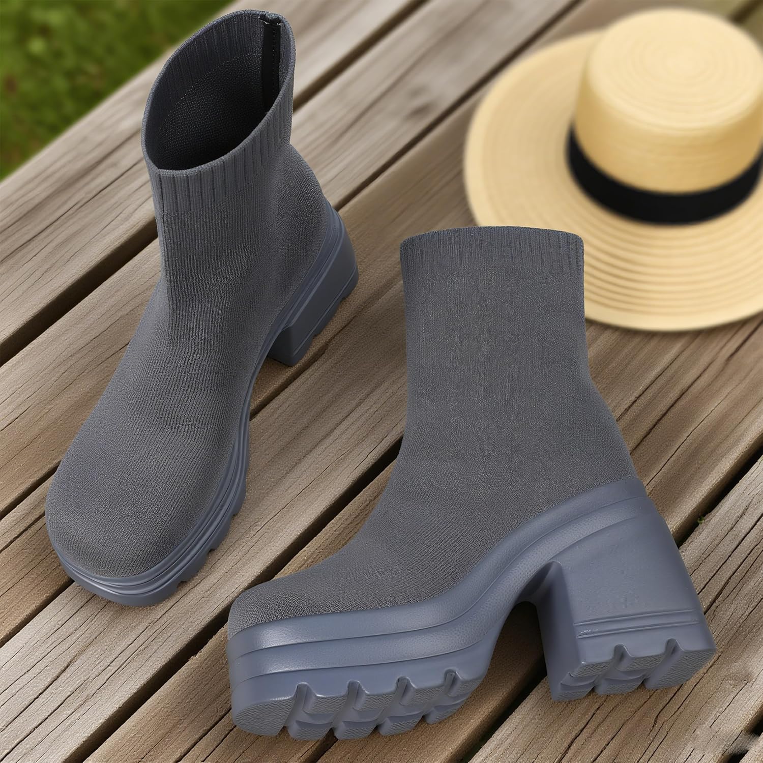 CELNEPHO Ankle Boots for Women Comfortable Square Toe Slip On Stretch Soft Chunky Block High Heel Knit Platform Boots Punk Dress Sock Boots