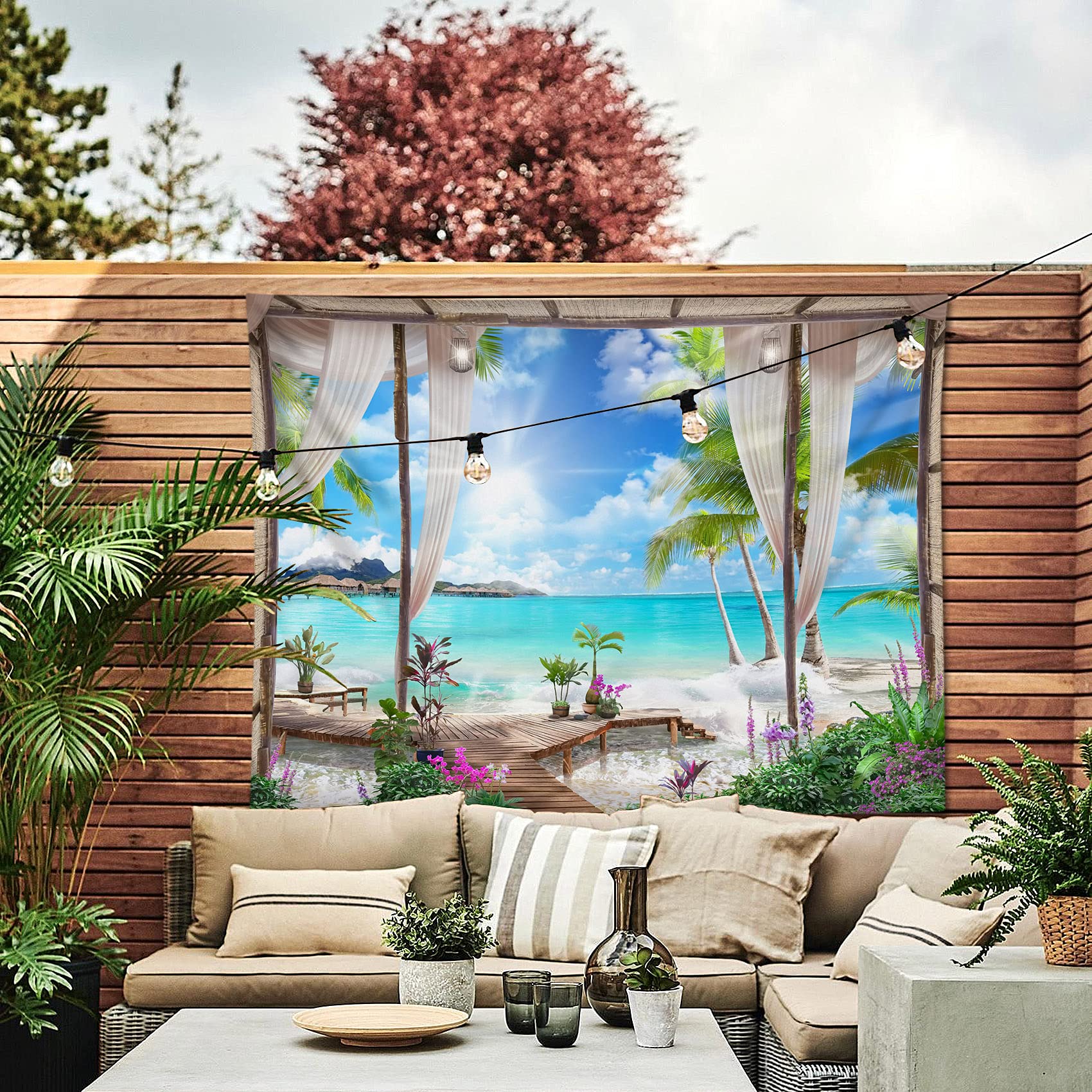 LB 235x180cm Arazzo Oceano turchese Arazzo da Parete Spiaggia Telo da Parete Paesaggio tropicale dell'isola dal balcone Arte Muraria per Soggiorno Camera da Letto Dormitorio Decorazione