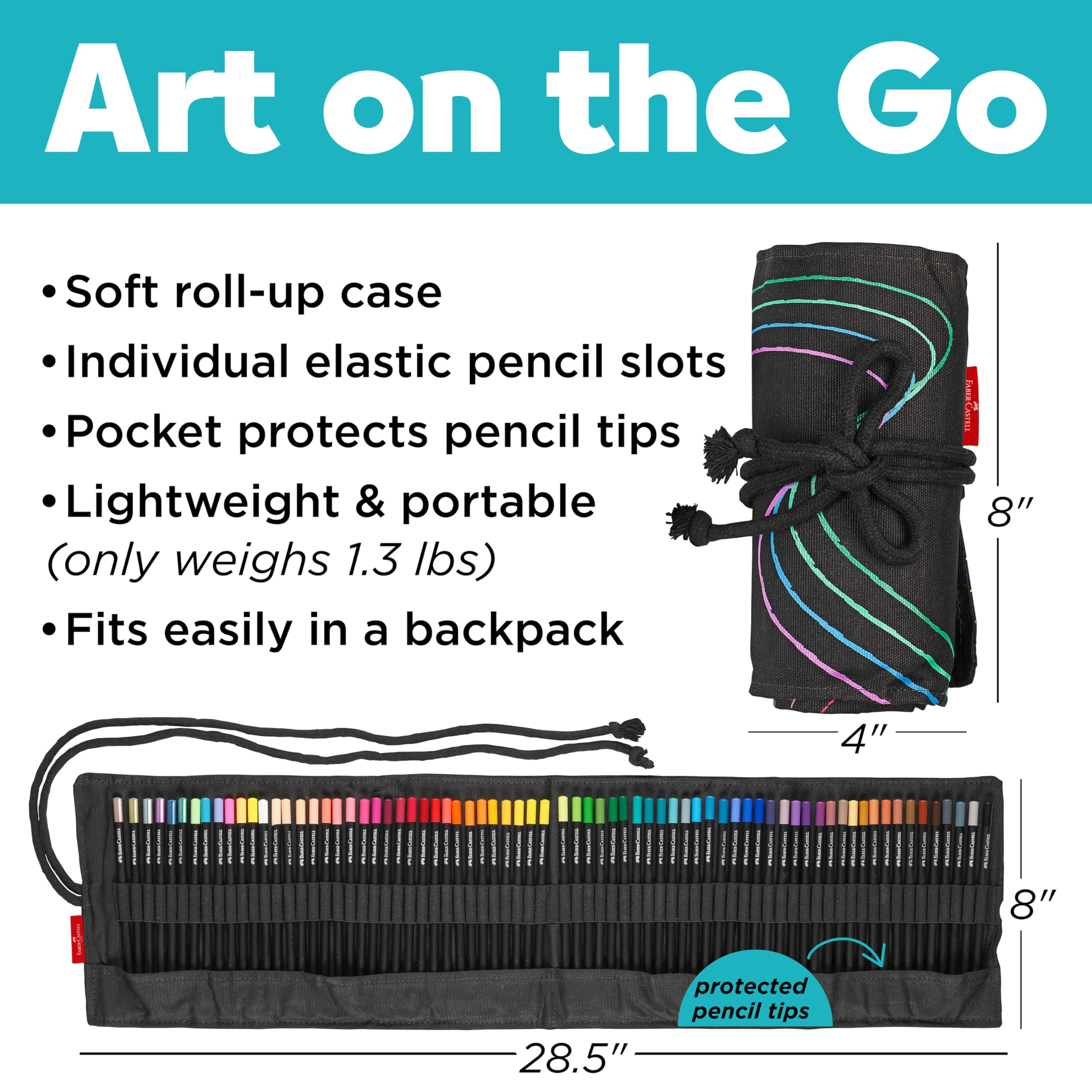 Faber-Castell 116418 - Set di matite colorate con rotolo, 72 matite colorate Black Edition, inclusi colori metallizzati e neon