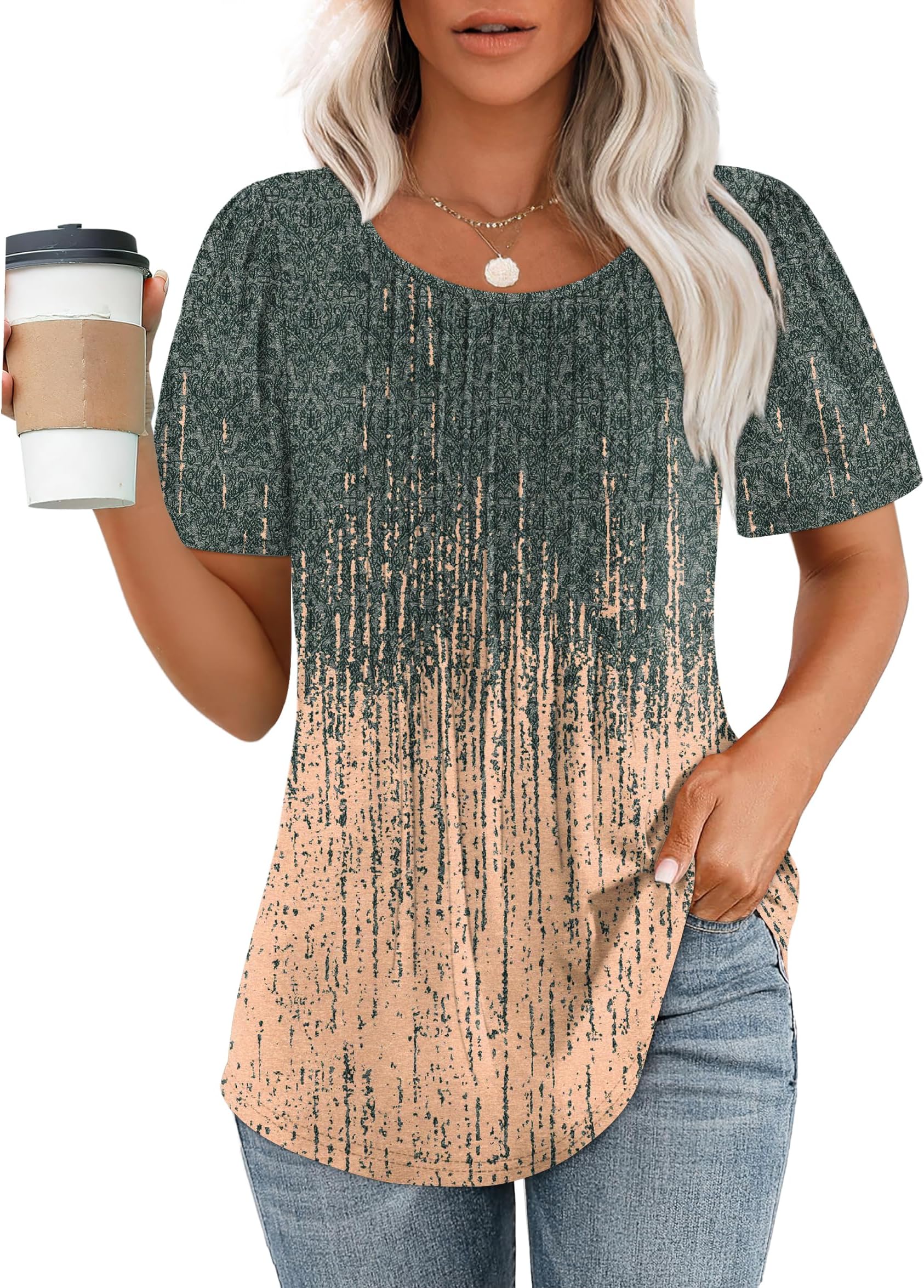 OFEEFANWomens T Shirts Short Sleeve Pleated Dressy Casual Scooped Neck Summer Tops Blouses