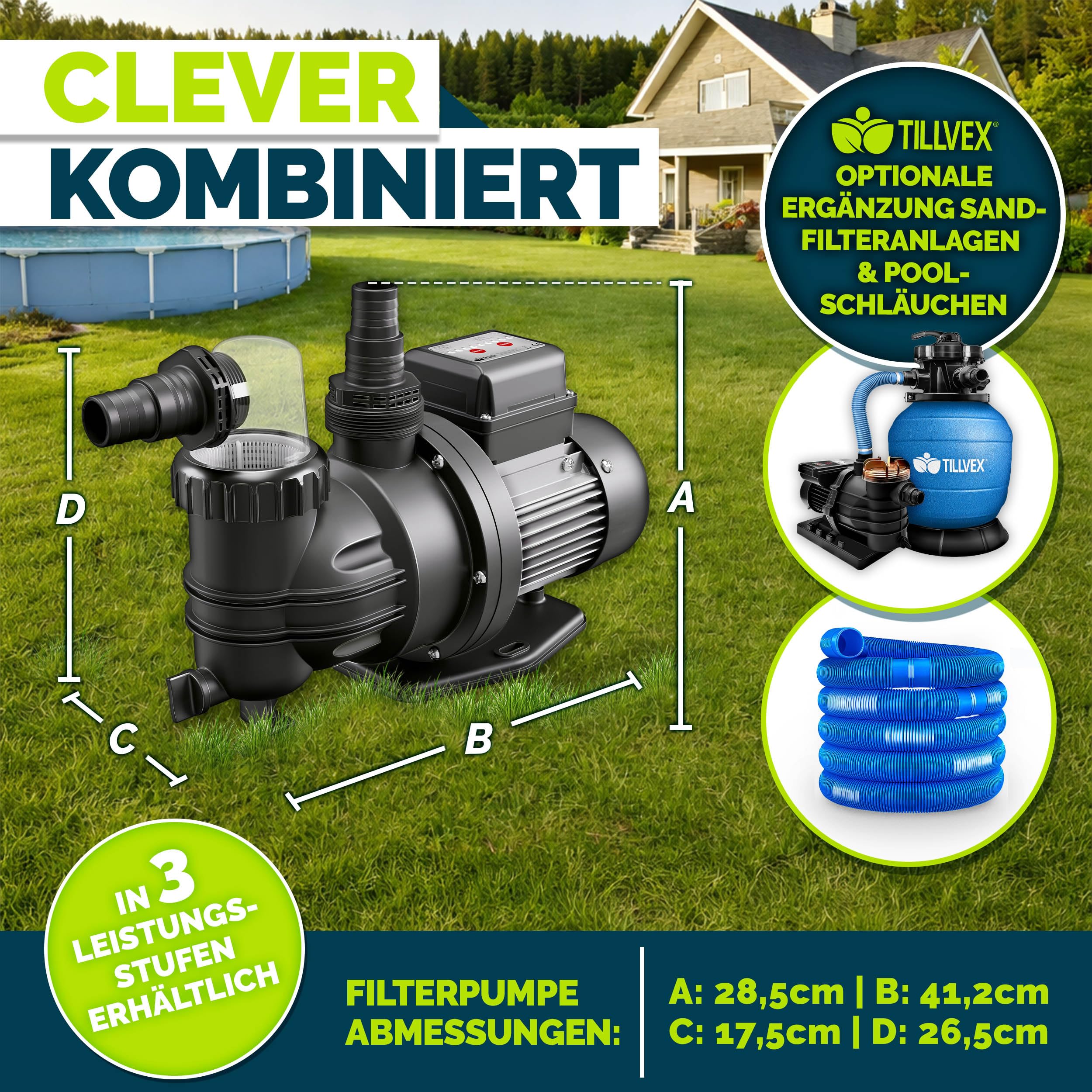 tillvex® Filterpumpe Pool mit Timer 9.500L/h & 550W | Schwimmbadpumpe Förderhöhe max. 10m | Poolfilter Umwälzpumpe für 40m³ Pools | Poolpumpe selbstansaugend für Pools Aufstellpool Spa mit Vorfilter