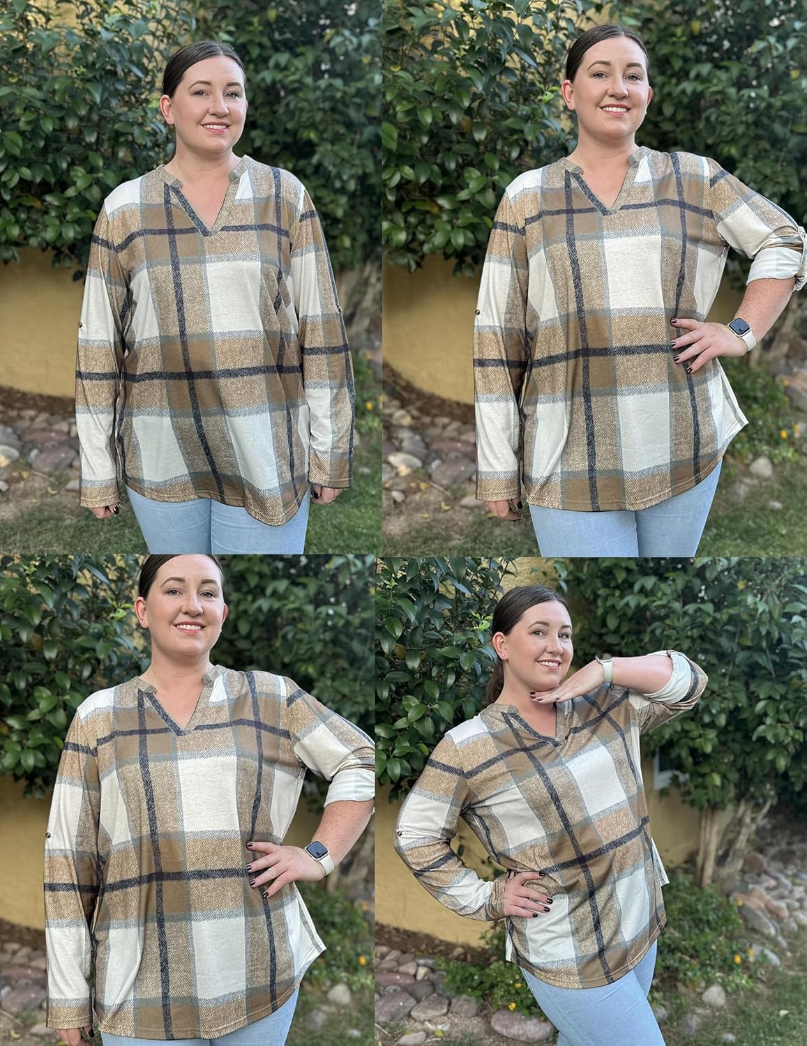 IN'VOLAND Womens Plus Size Long Sleeve Tops V Neck Plaid Roll Up Shirts Basic Casual Work Blouses - Image 5