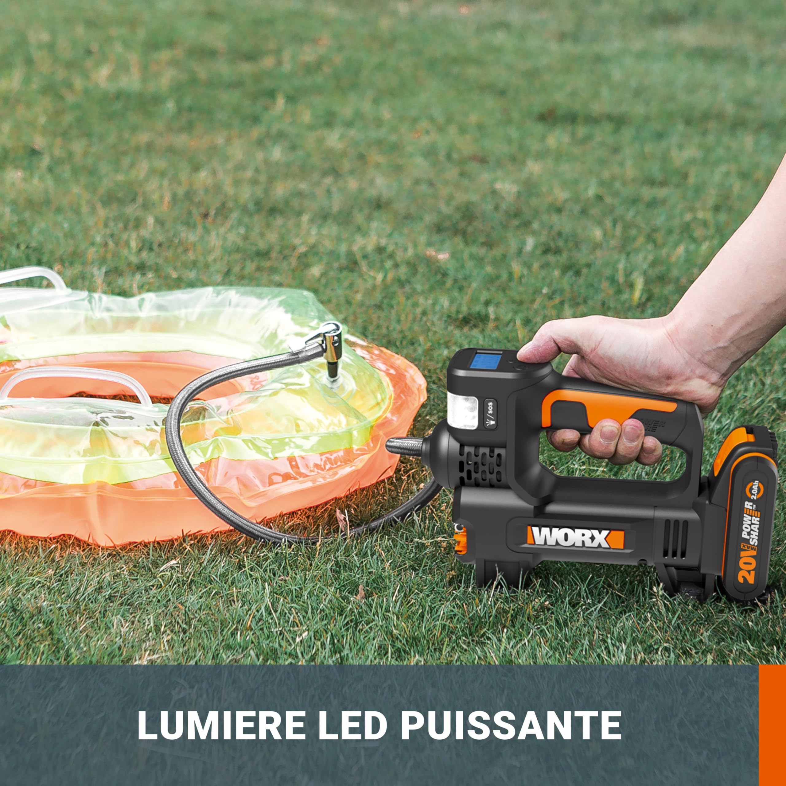 WORX Compresseur à Air Multifonction sans Fil 20V WX092.9, 150 PSI, Pompe à vélo, Mini-compresseur électrique, Outil 4 en 1, Projecteur LED, Facile à Transporter, Livré sans Batterie ni Chargeur