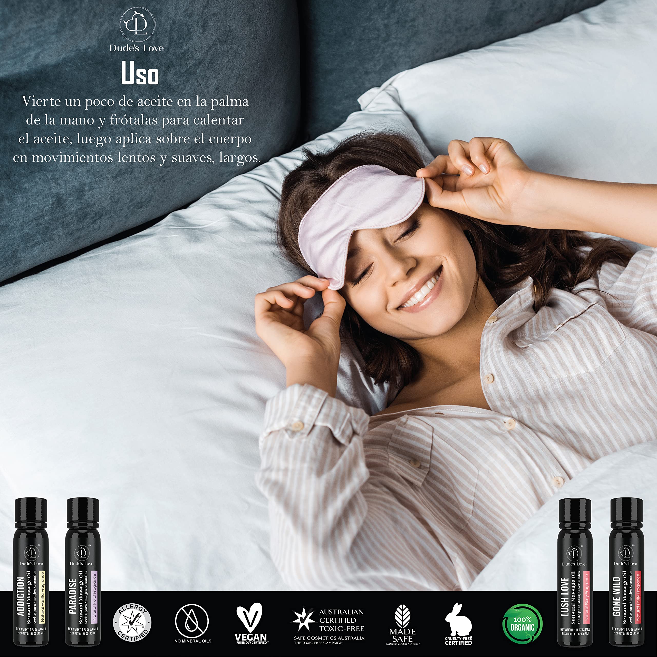 Dude's Love - Paquete de 4 aceites de masaje sensual aromático comestible para todo el cuerpo - Set de regalo combinado | Pack de Prueba Aceite de Masaje con Aceites Esenciales - 120 ML
