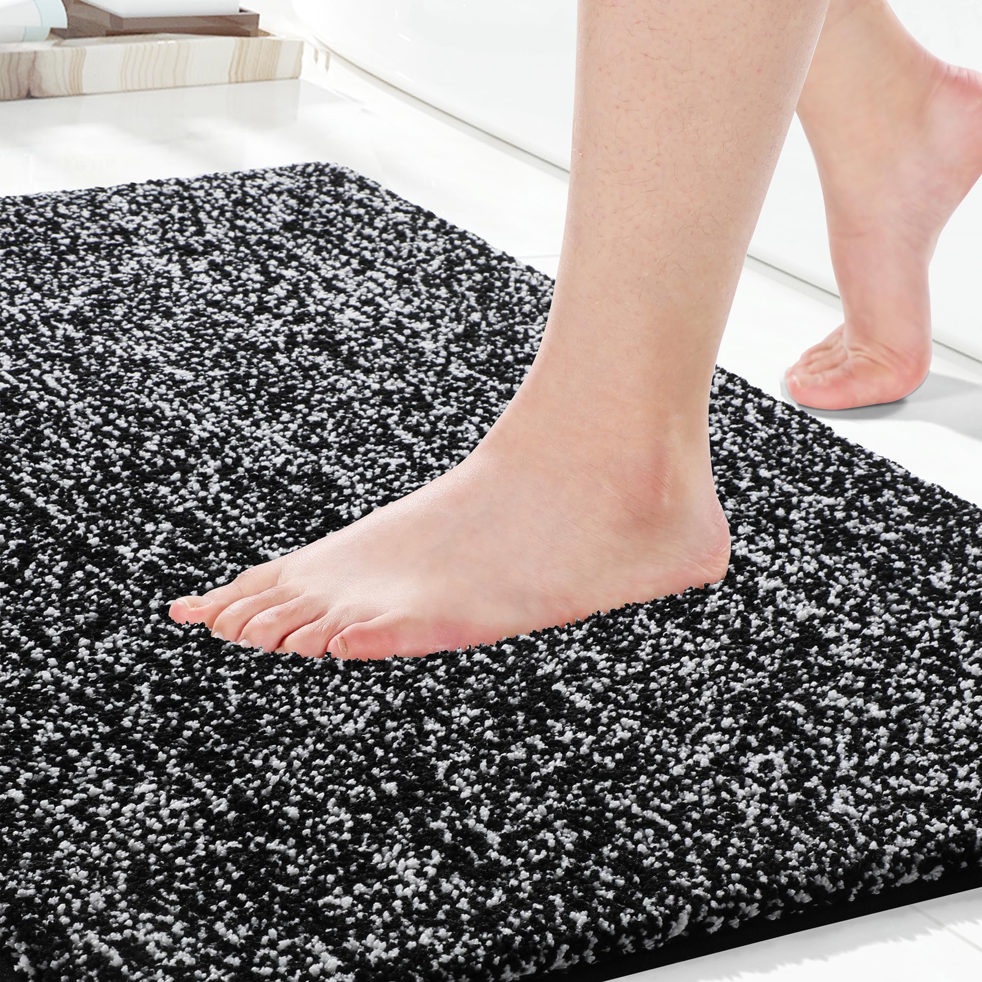 Alfombra de baño antideslizante, extrasuave y cómoda, absorbente de agua, gruesa y lavable a máquina, mullida, para ducha y bañera, color blanco y negro, 92 x 61 cm