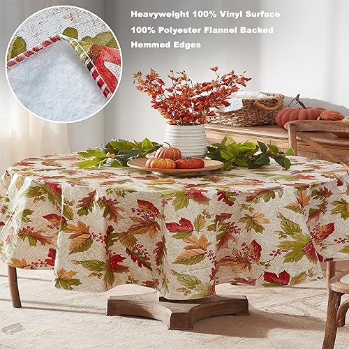 Miniatura 4 de Newbridge Mantel de vinilo rústico con estampado de bellota y hojas de otoño, mantel de vinilo con reverso de franela, 60 x 84 pulgadas, ovalado de