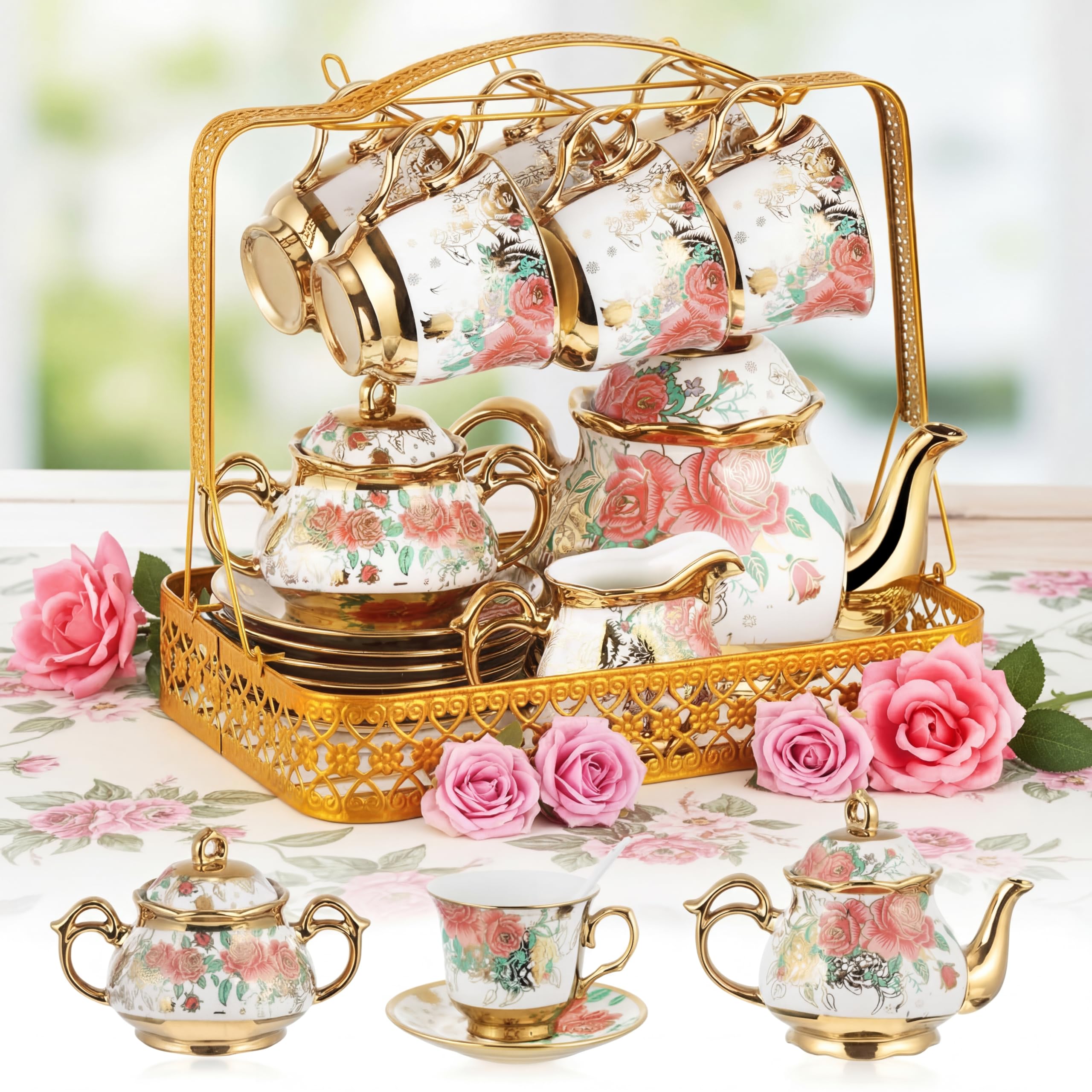 食器  tea set Amazon.com | Suttmin 22 Pcs Vintage Porcelain Tea Set with Metal
