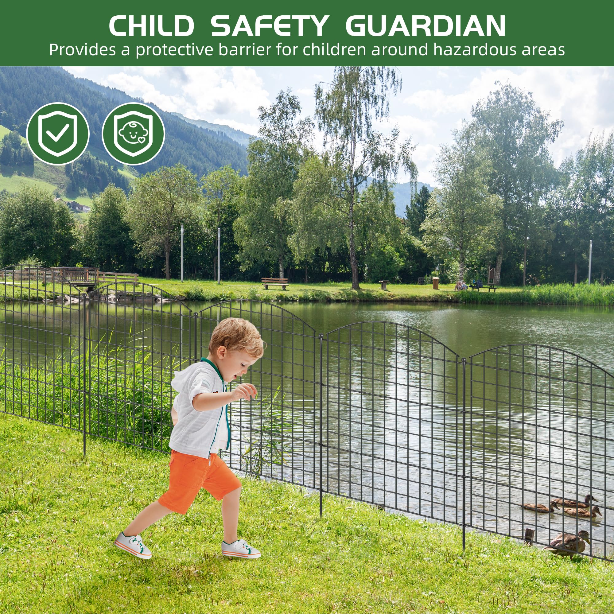 10 Stück Teichzaun Erweiterbares Metall Steckzaun mit 12 Befestigungs Stäben Oberbogen Garten Gitterzaun Dekorative Begrenzungszaun Outdoor Hundezaun Schwarz für Teich Gemüsegärten/Gärtnereien