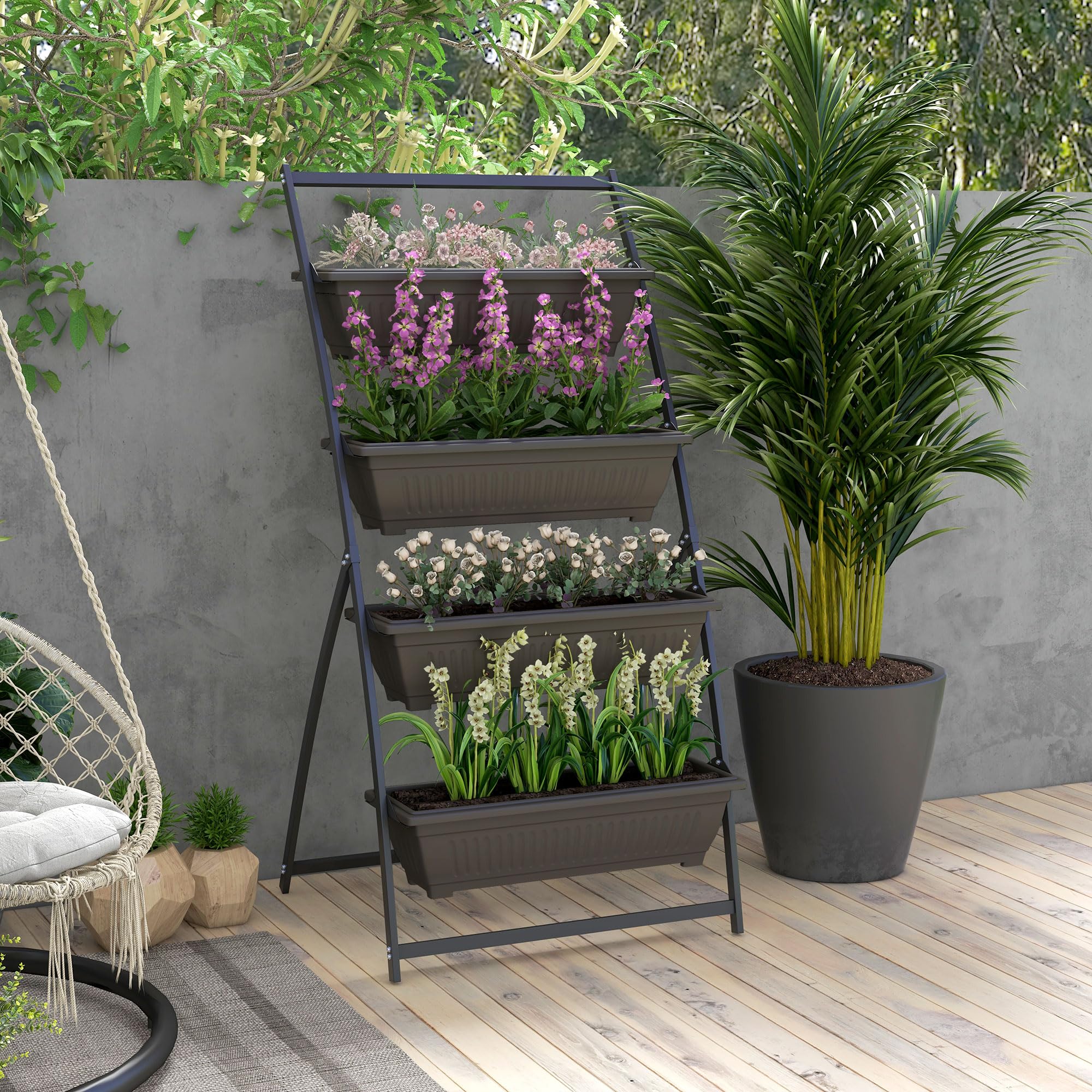 Outsunny Pflanzenständer Pflanzentreppe 4 Etagen Braun 76 x 79 x 162 cm | Pflanzenregal mit Löchern, Blumenregal für Garten, Stahl