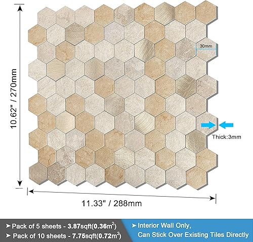 Miniatura 6 de BeNice Azulejo de cocina para salpicaduras de pelar y pegar, azulejos impermeables para salpicaduras de ducha, azulejos hexagonales, azulejos de