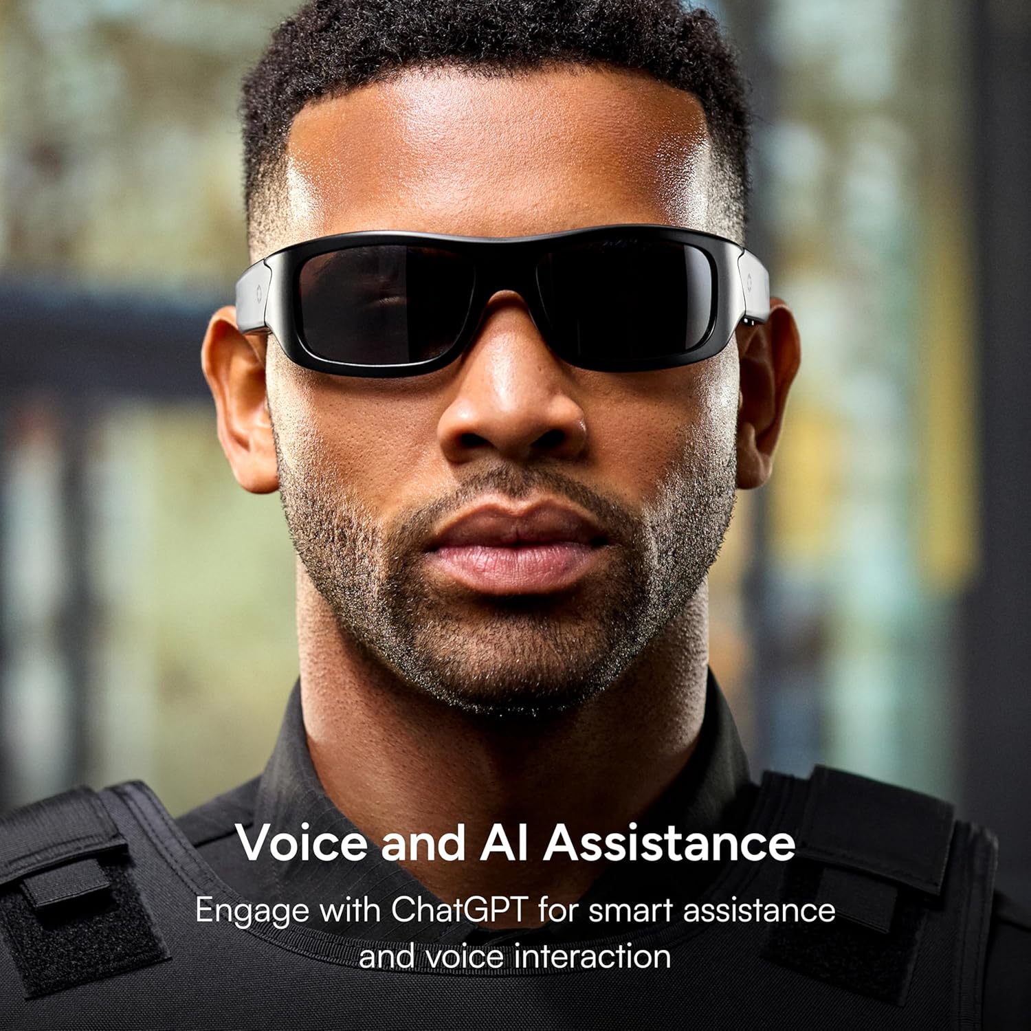 Man wearing Lucyd Armor Smart Safety Glasses, interacting with a voice assistant